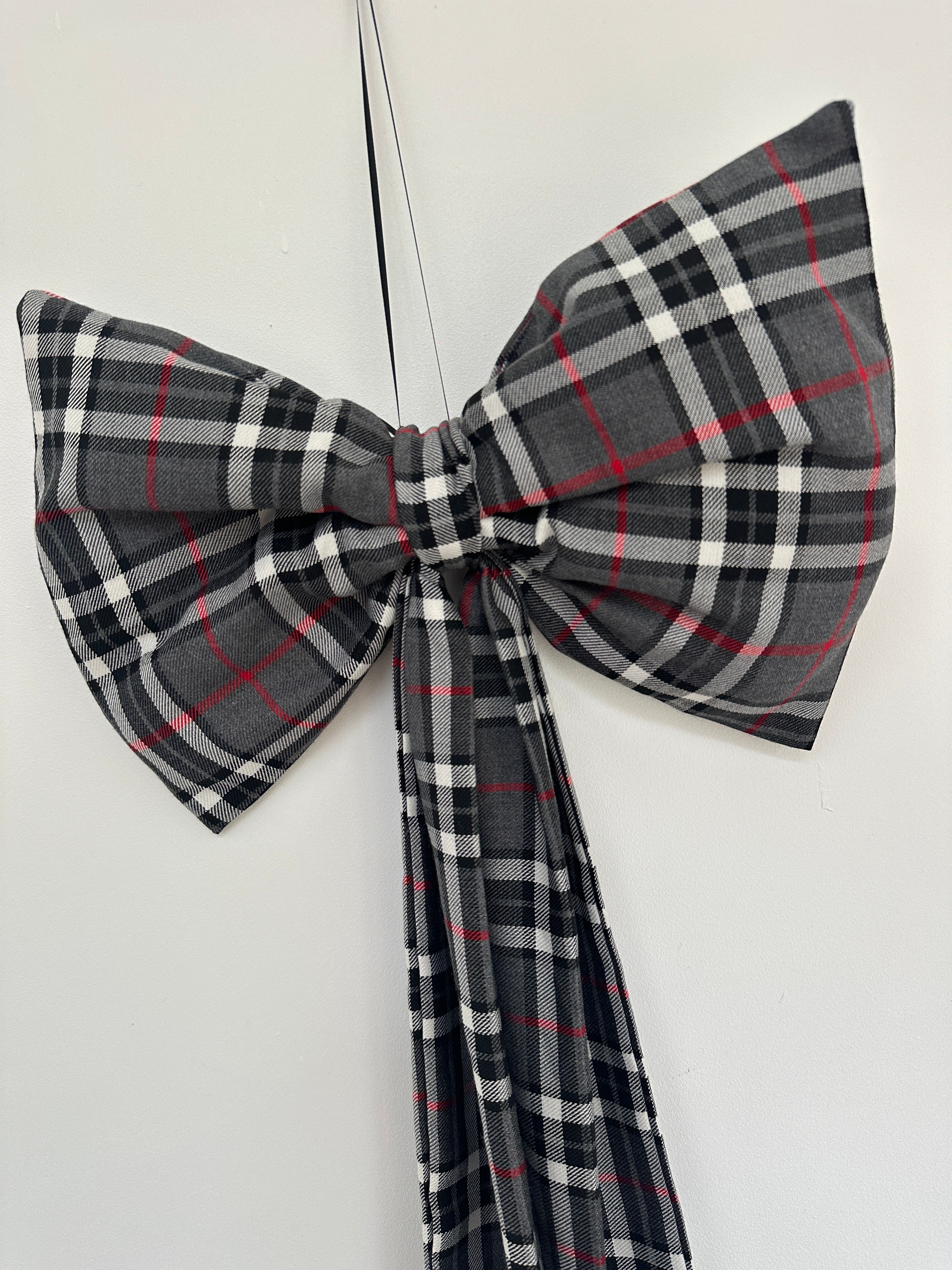 Grey & Red Tartan Bow