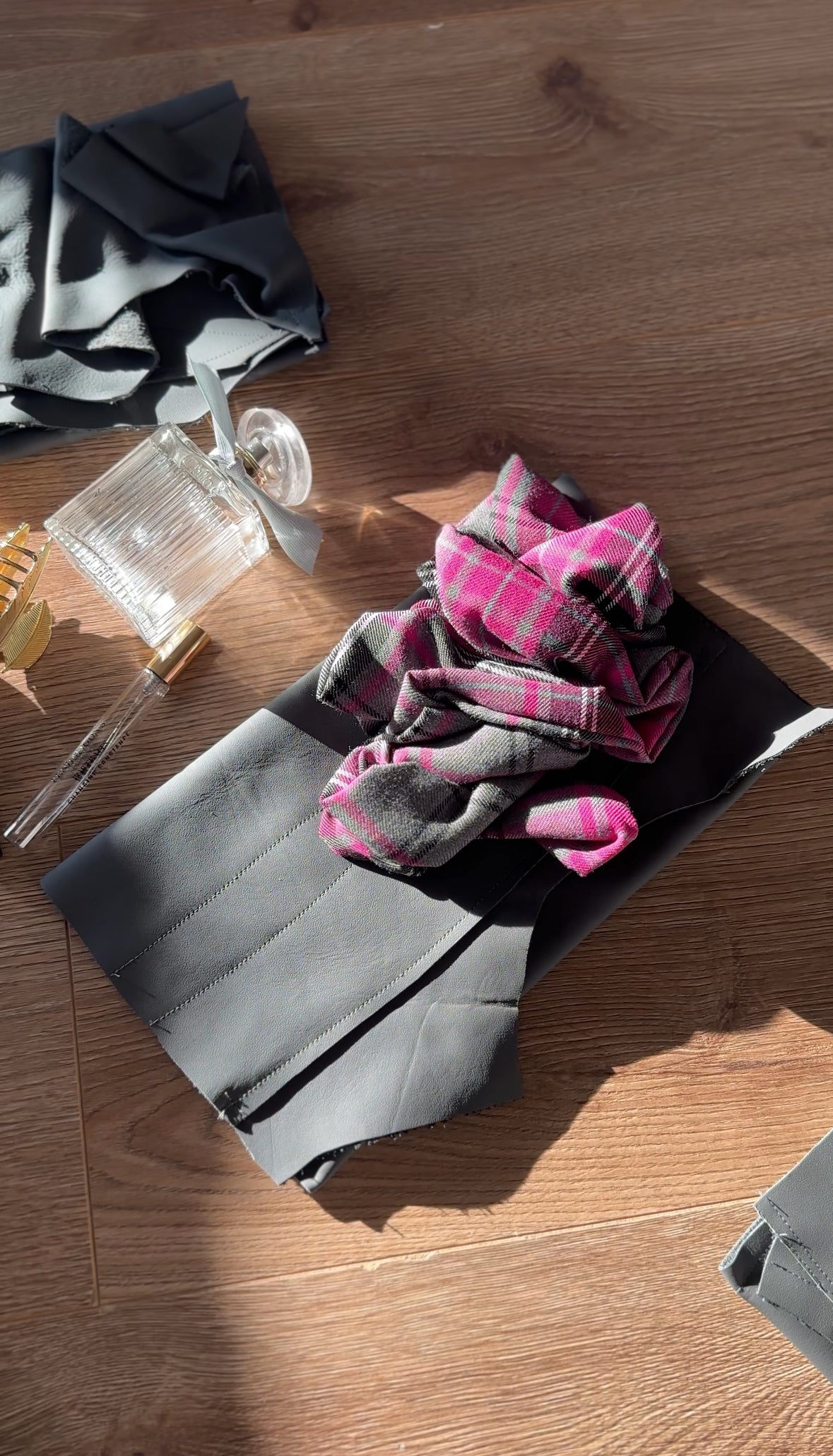 Isla Pink & Grey Tartan Ruffled, Leather Clutch Bag