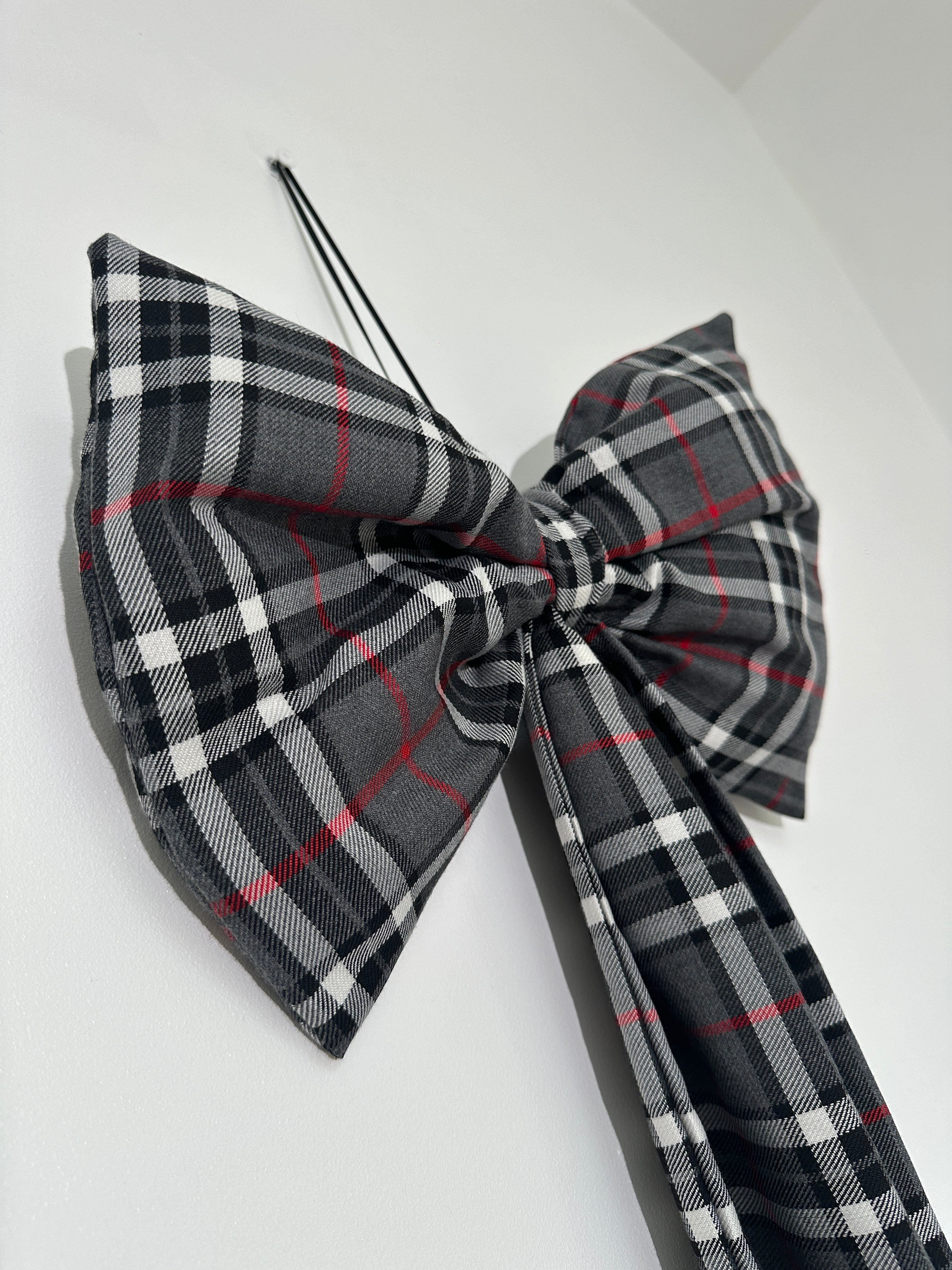 Grey & Red Tartan Bow
