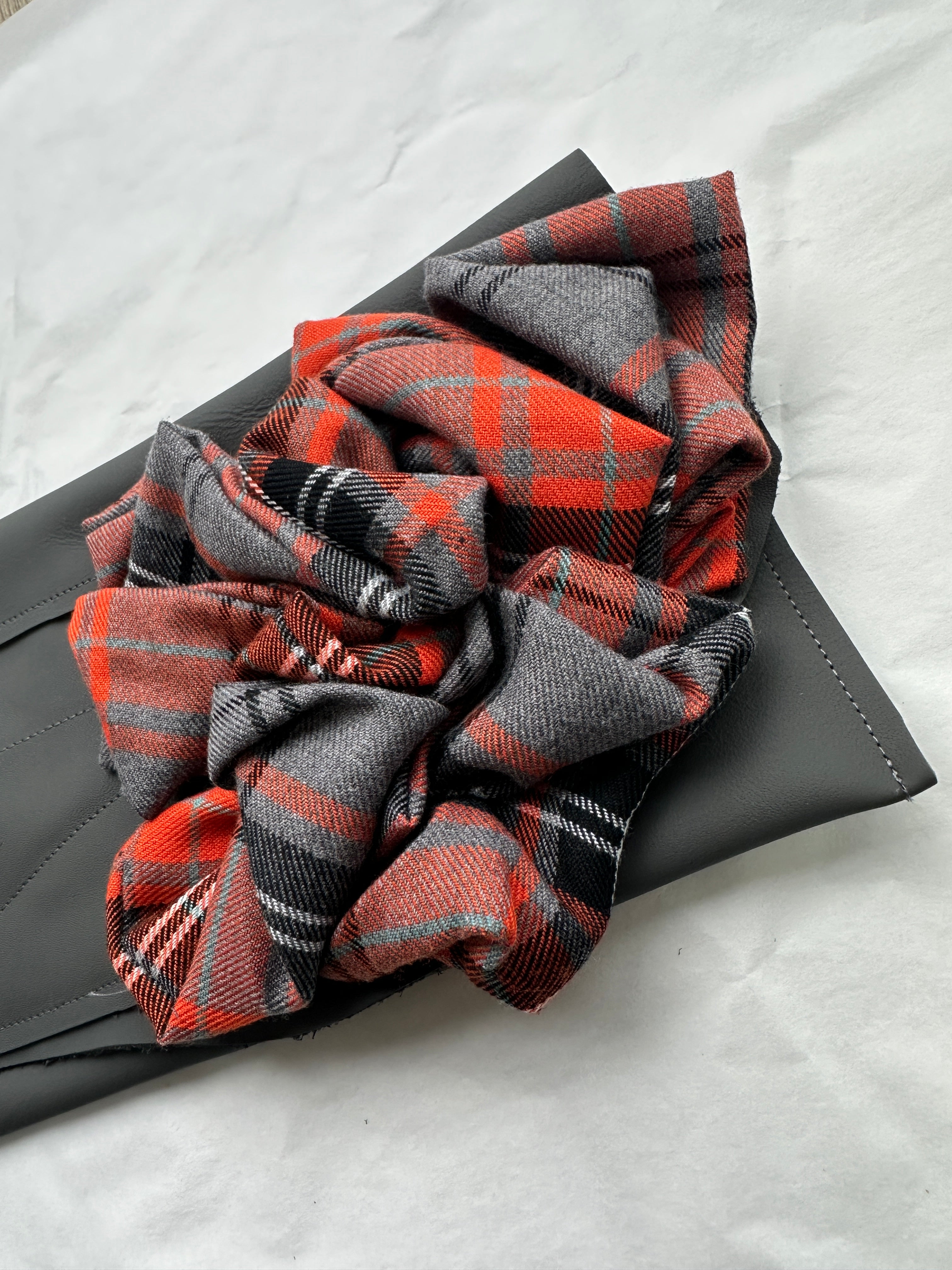 Isabelle Orange & Grey Tartan Ruffled, Leather Clutch Bag.