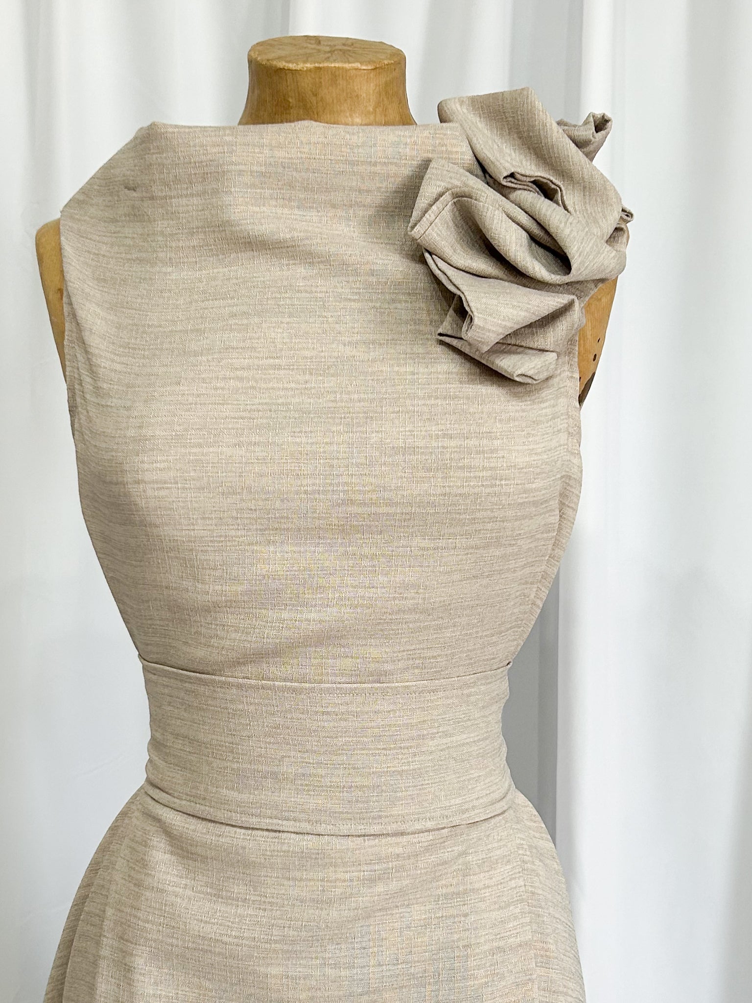 Stone Linen Look Darcy Dress with Ruffle (worn back to front)