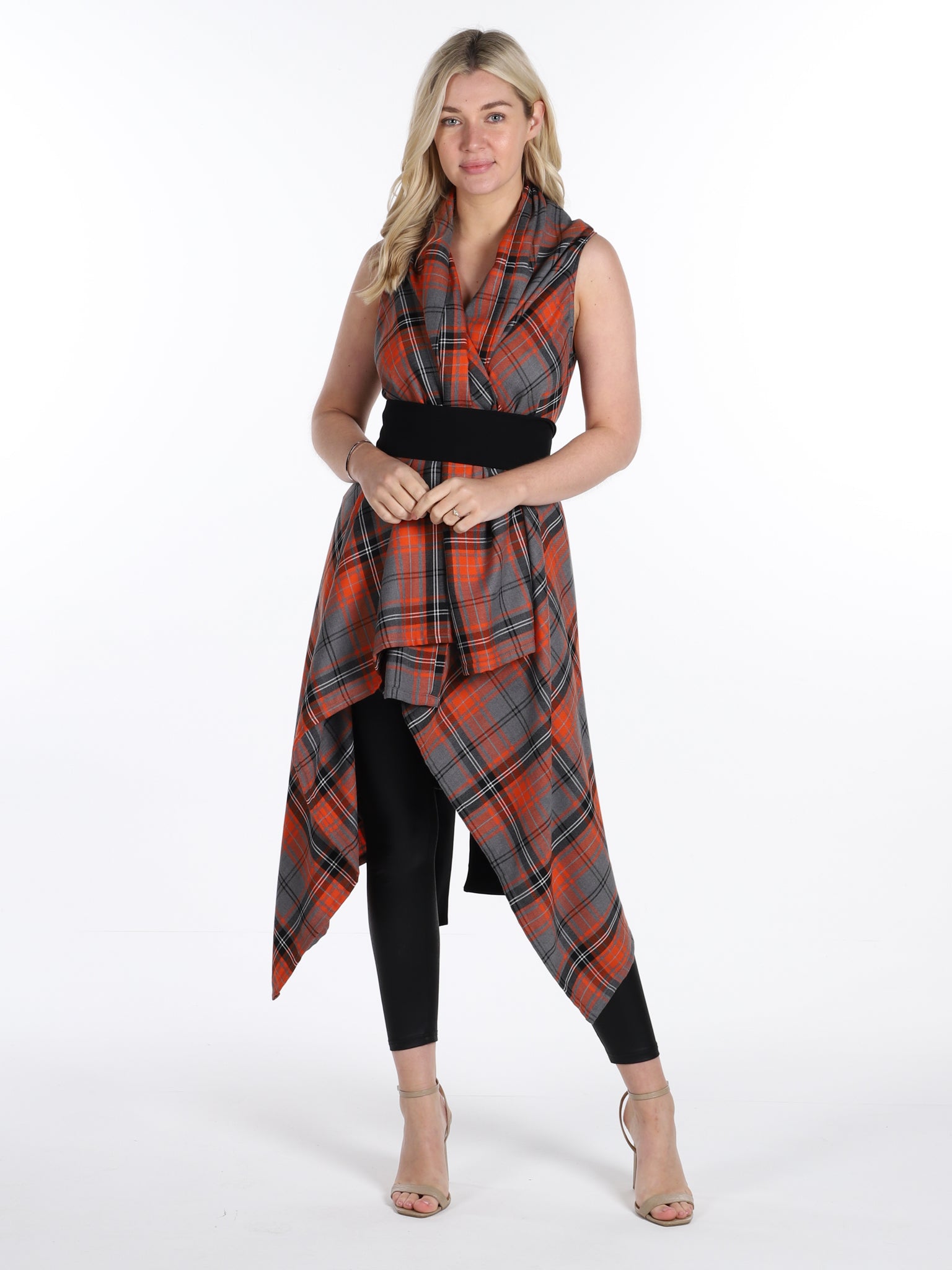 Orange and Grey Tartan Drape Waterfall Waistcoat