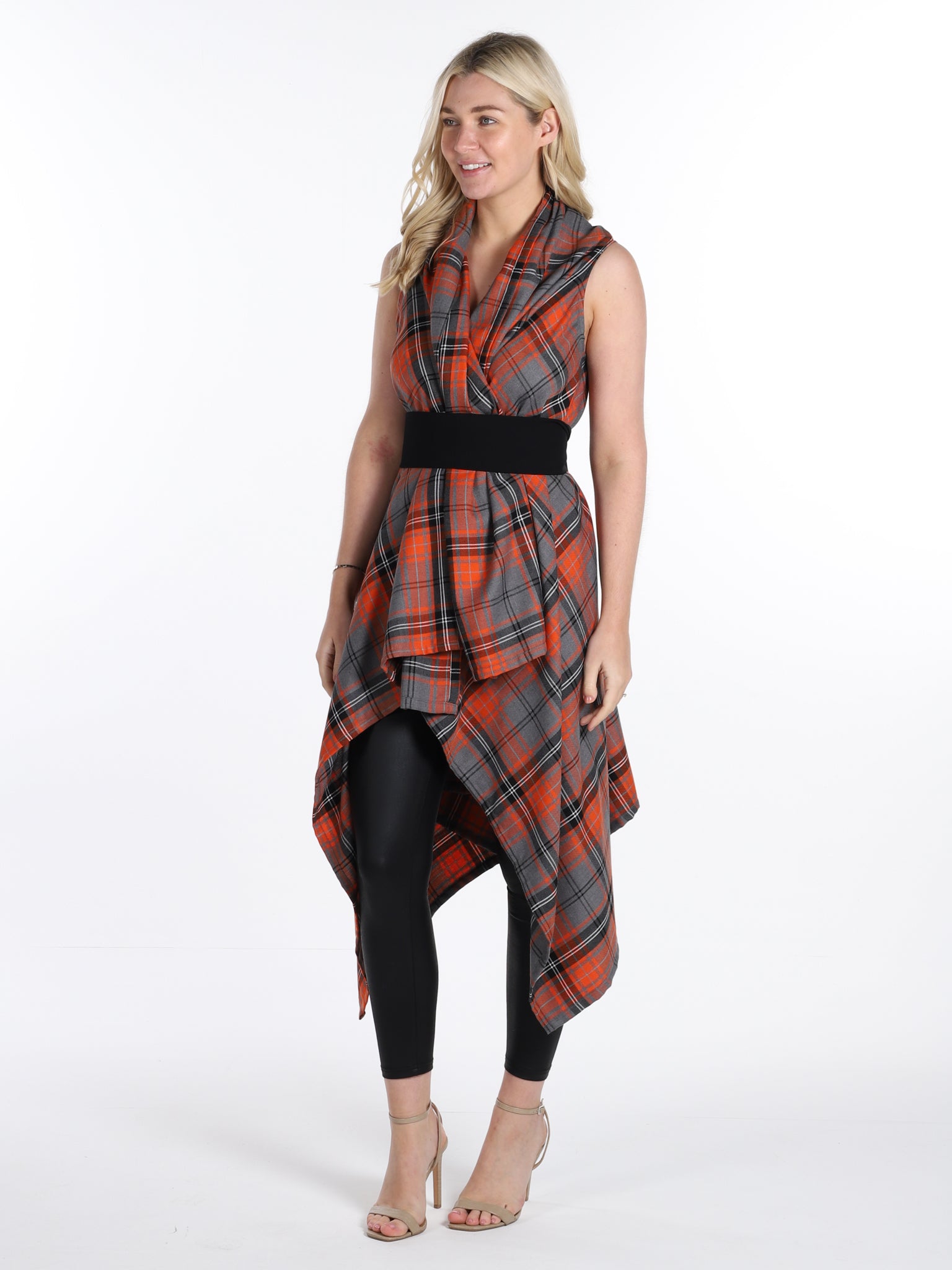 Orange and Grey Tartan Drape Waterfall Waistcoat