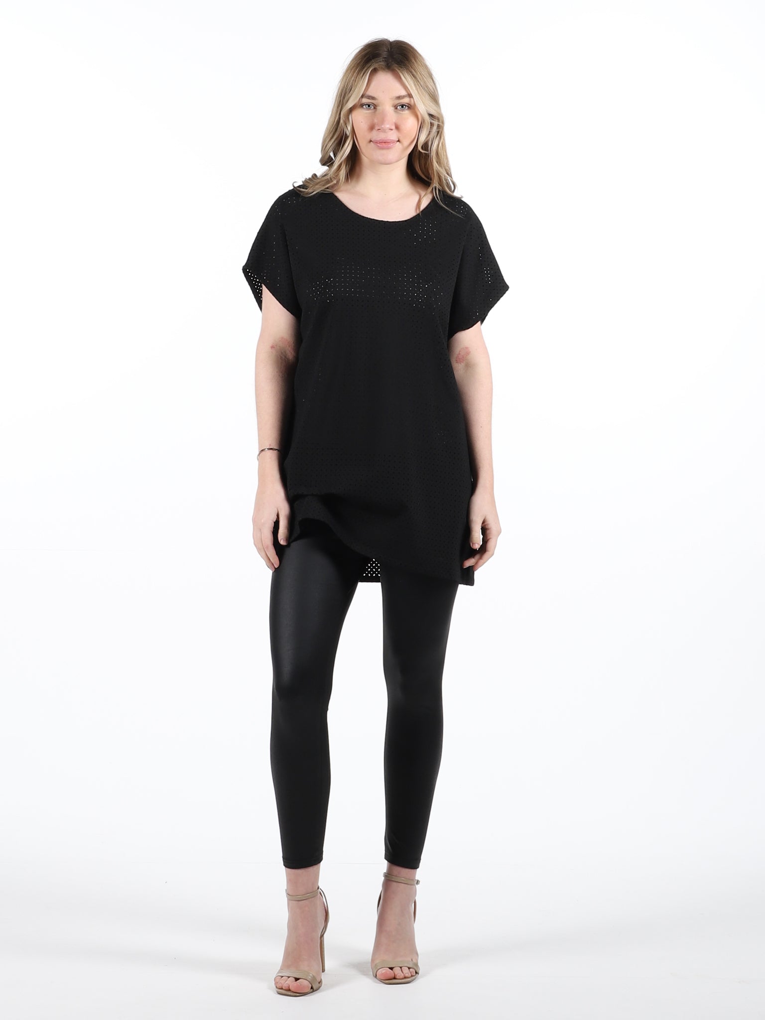 Black Jersey Hitched T-Shirt with Hole Pattern