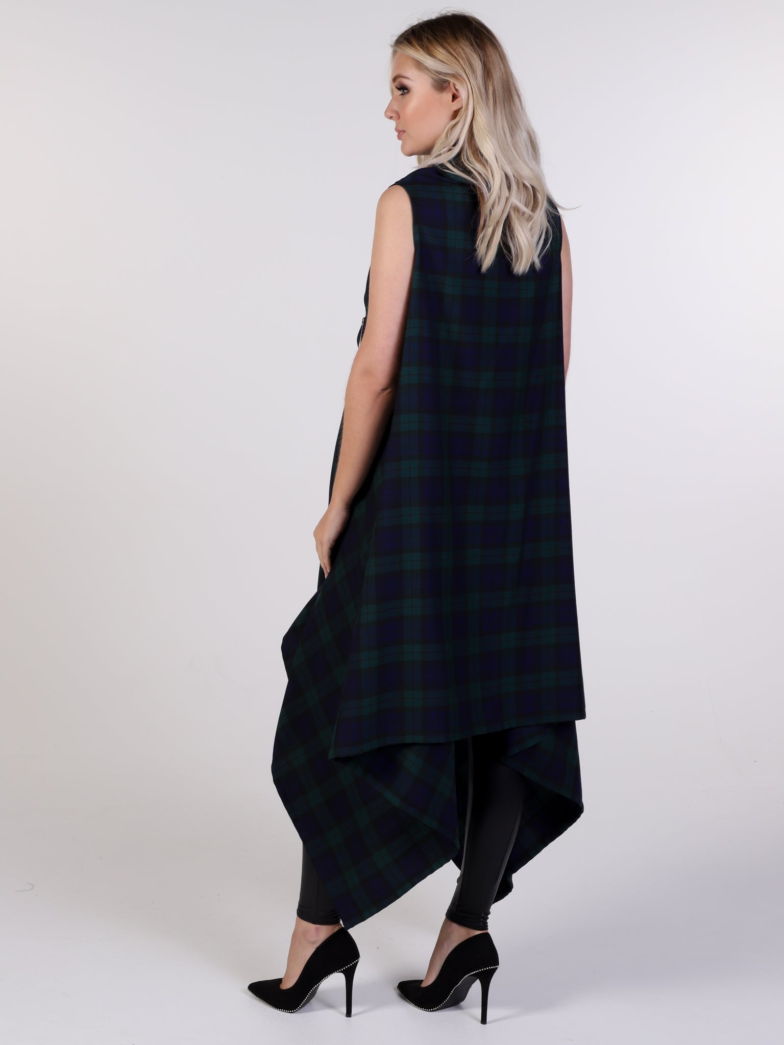 Navy and Green Tartan Drape Waterfall Waistcoat