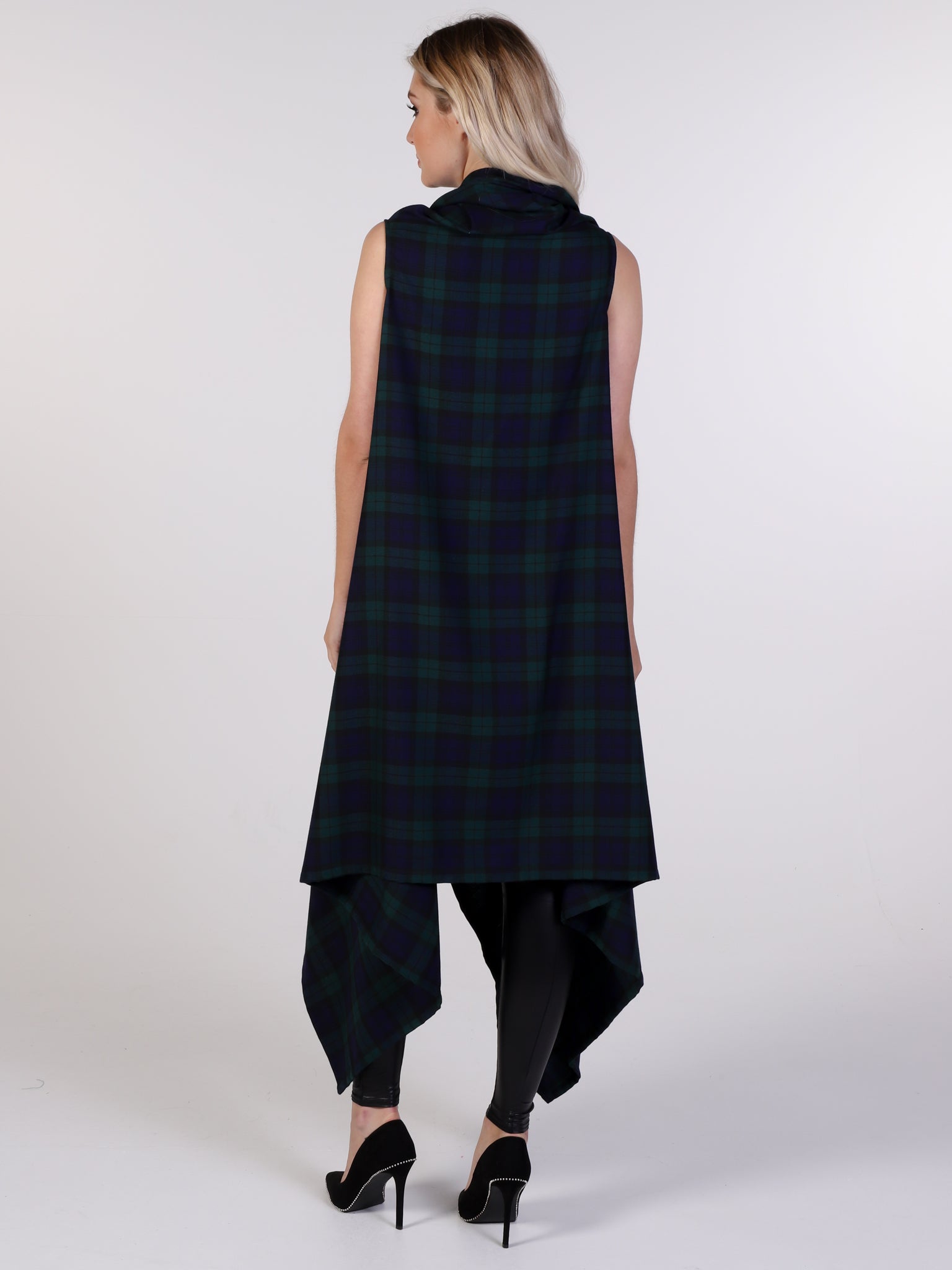 Navy and Green Tartan Drape Waterfall Waistcoat