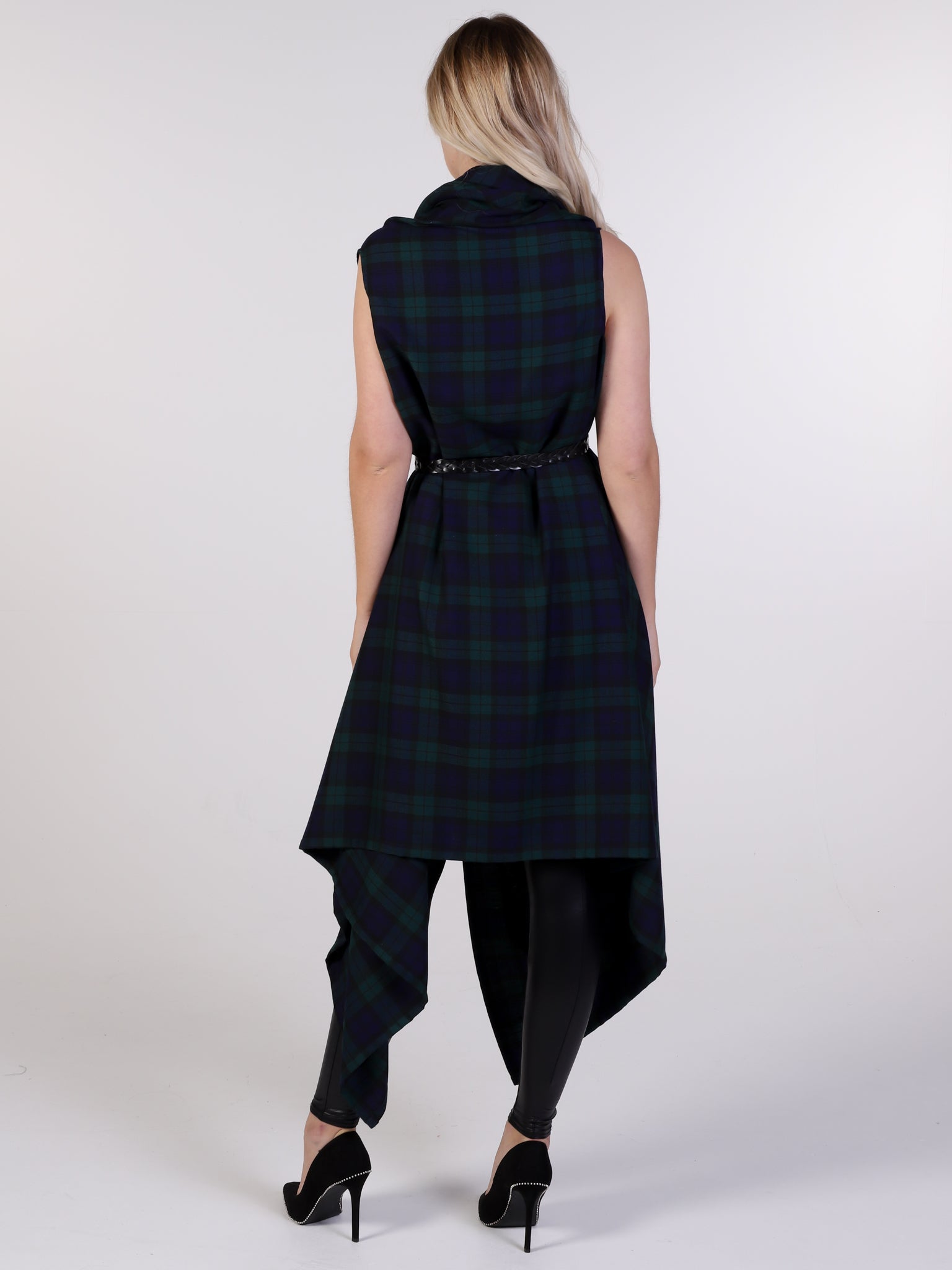 Navy and Green Tartan Drape Waterfall Waistcoat