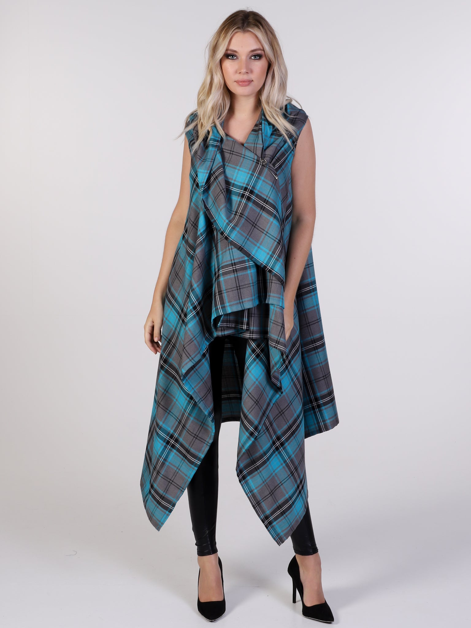 Turquoise Tartan Drape Waterfall Waistcoat