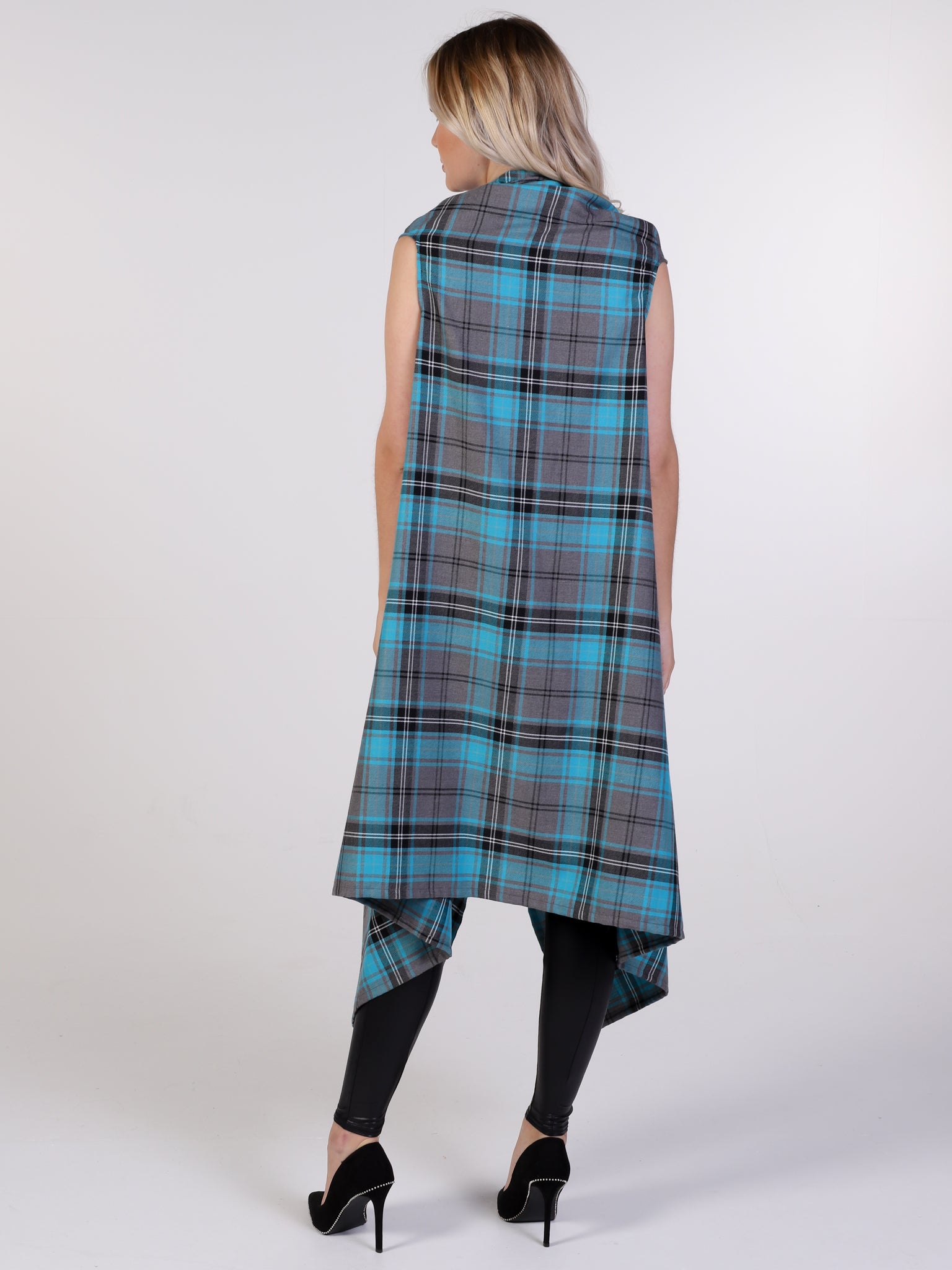 Turquoise Tartan Drape Waterfall Waistcoat
