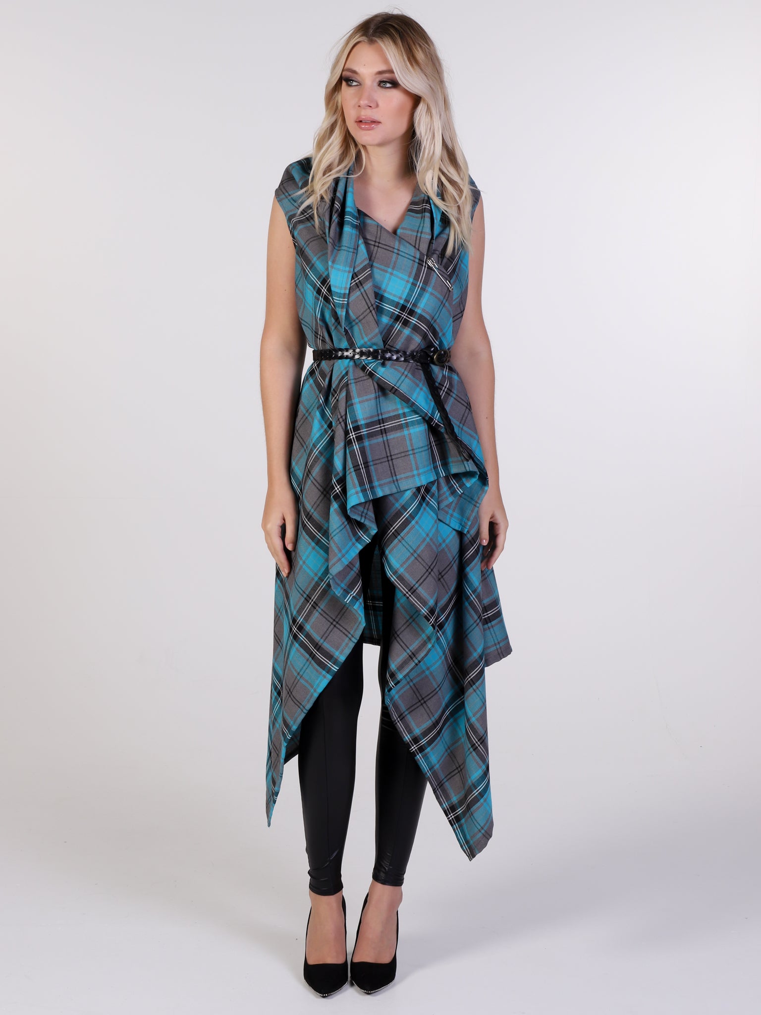 Turquoise Tartan Drape Waterfall Waistcoat