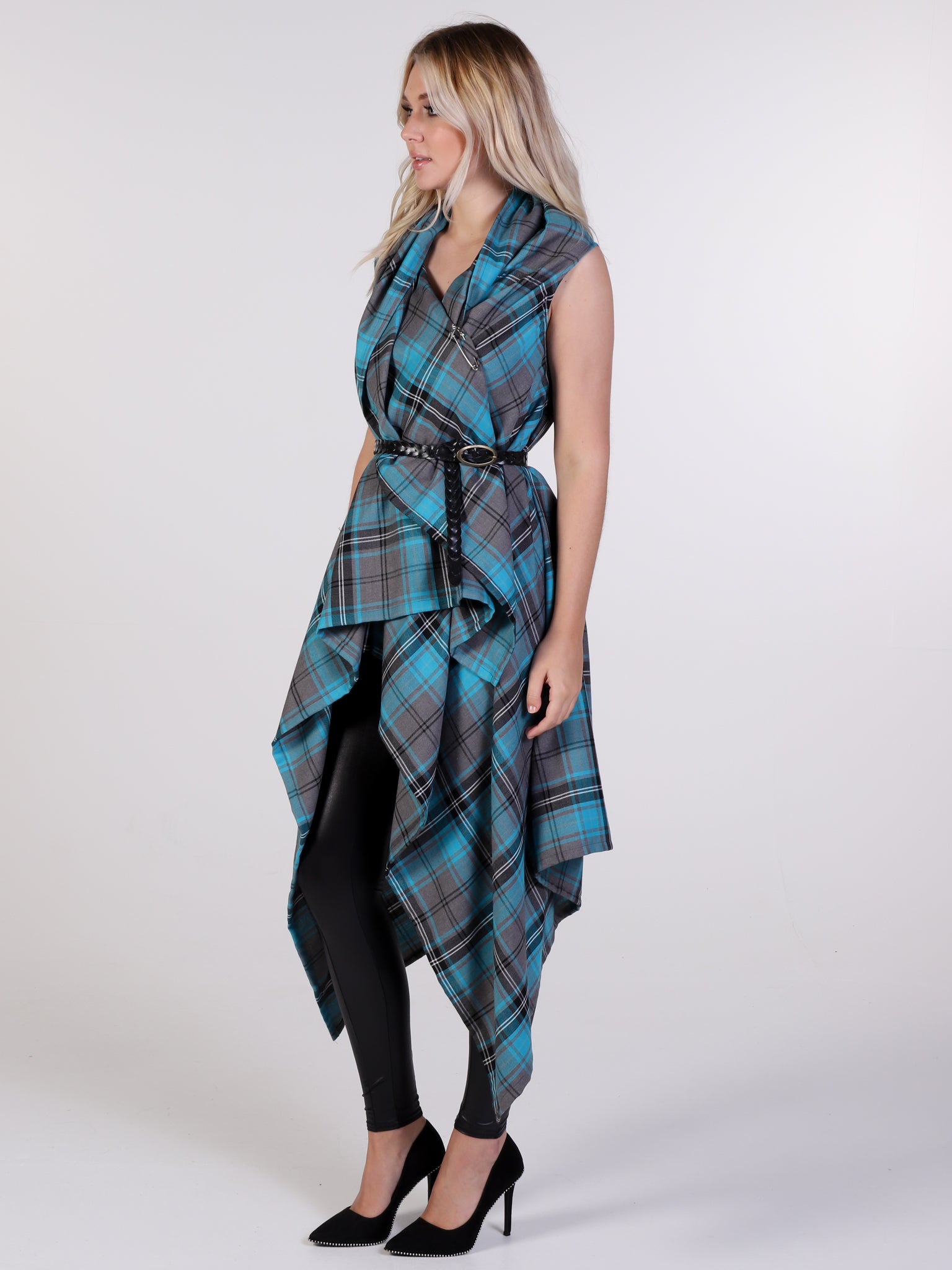 Turquoise Tartan Drape Waterfall Waistcoat