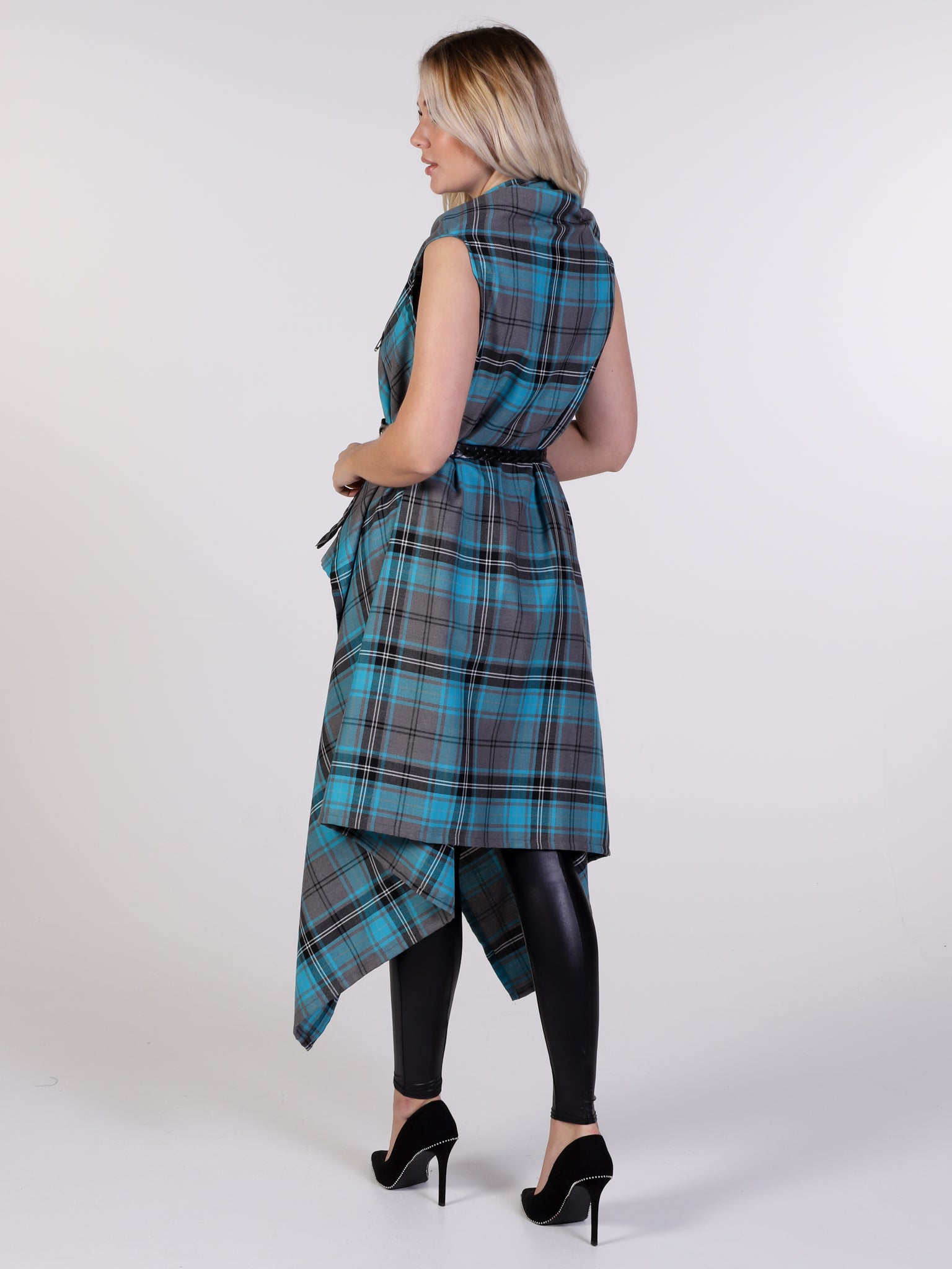 Turquoise Tartan Drape Waterfall Waistcoat