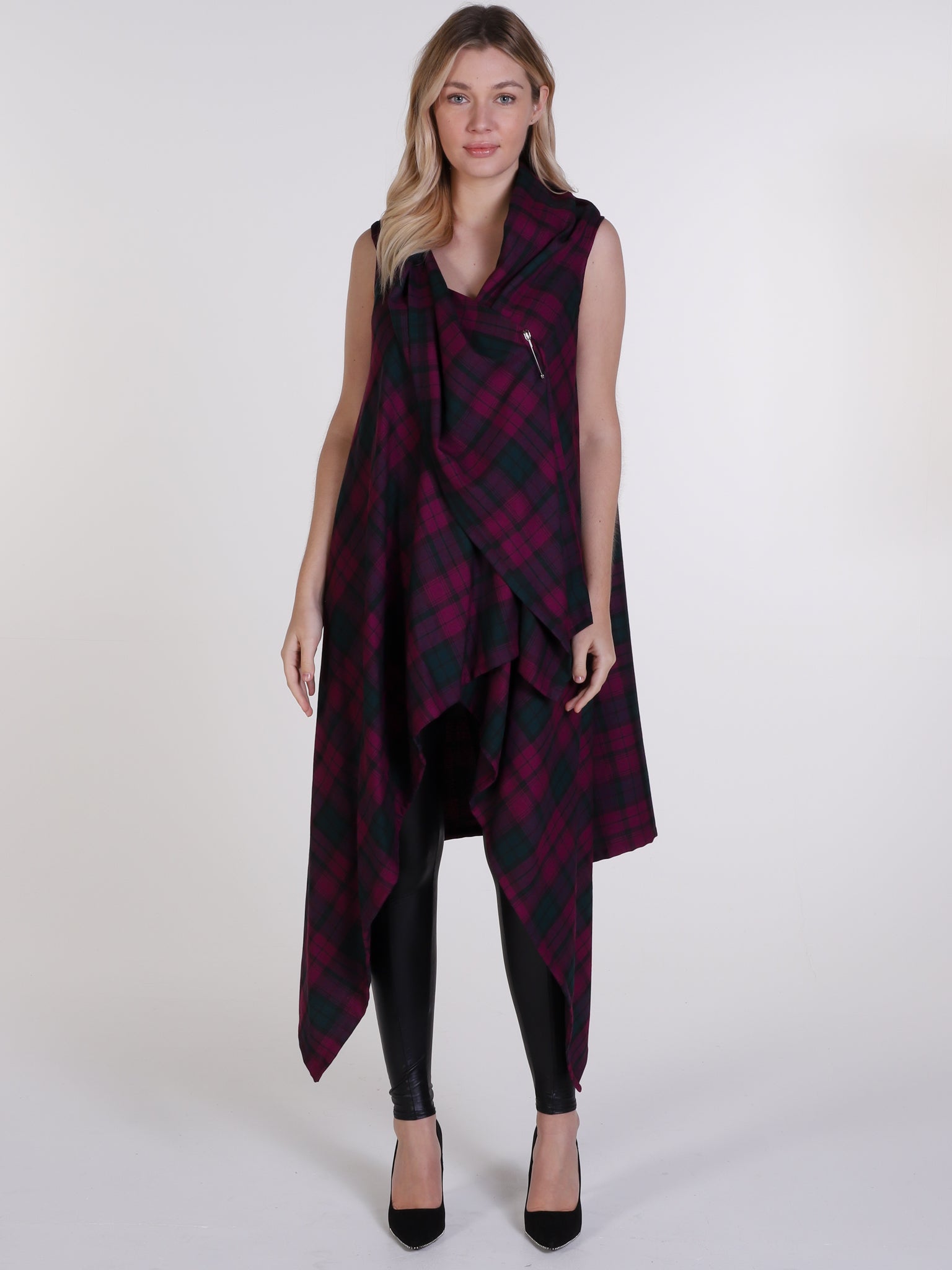 Maroon and Green Tartan Drape Waterfall Waistcoat