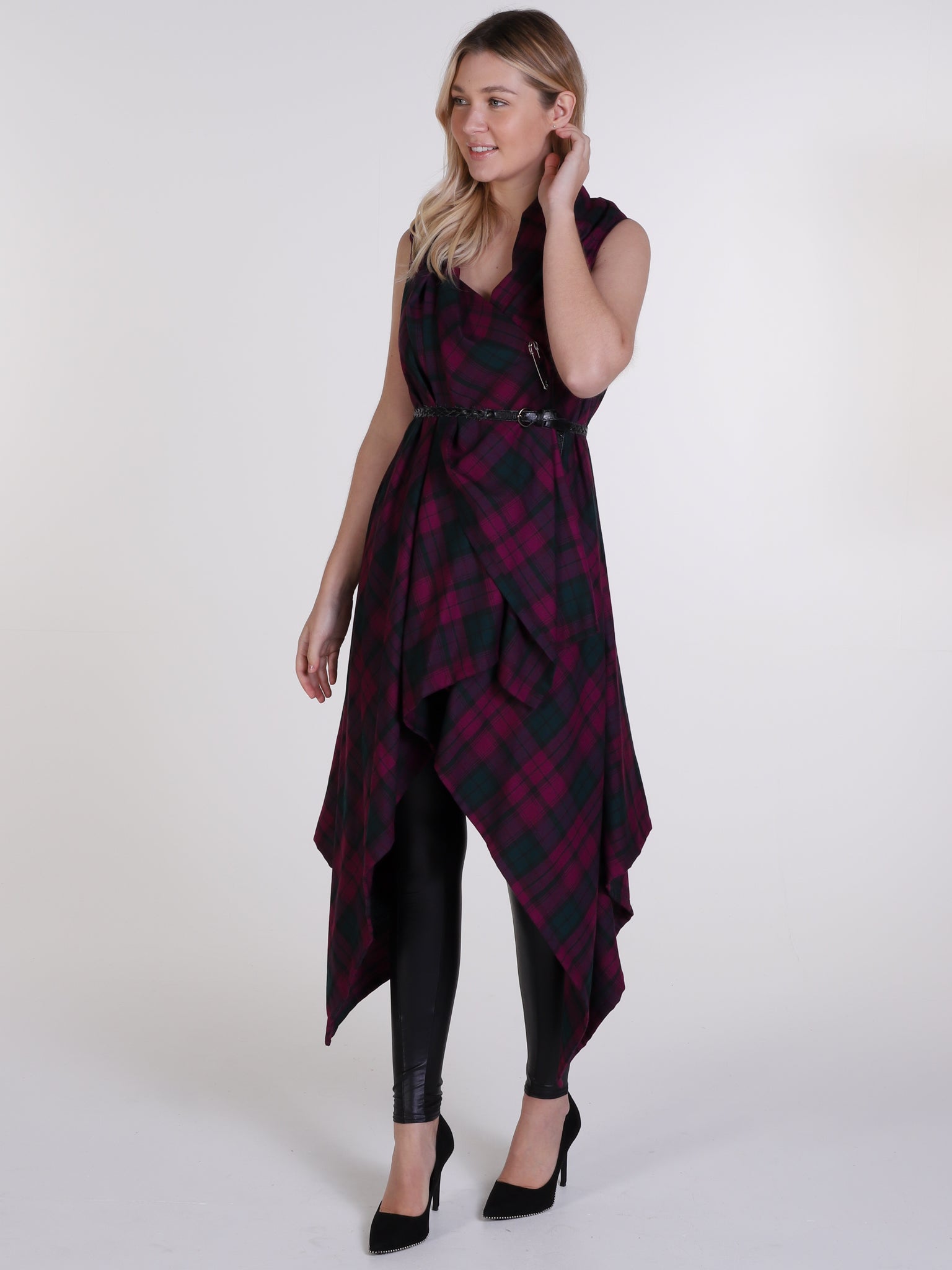 Maroon and Green Tartan Drape Waterfall Waistcoat