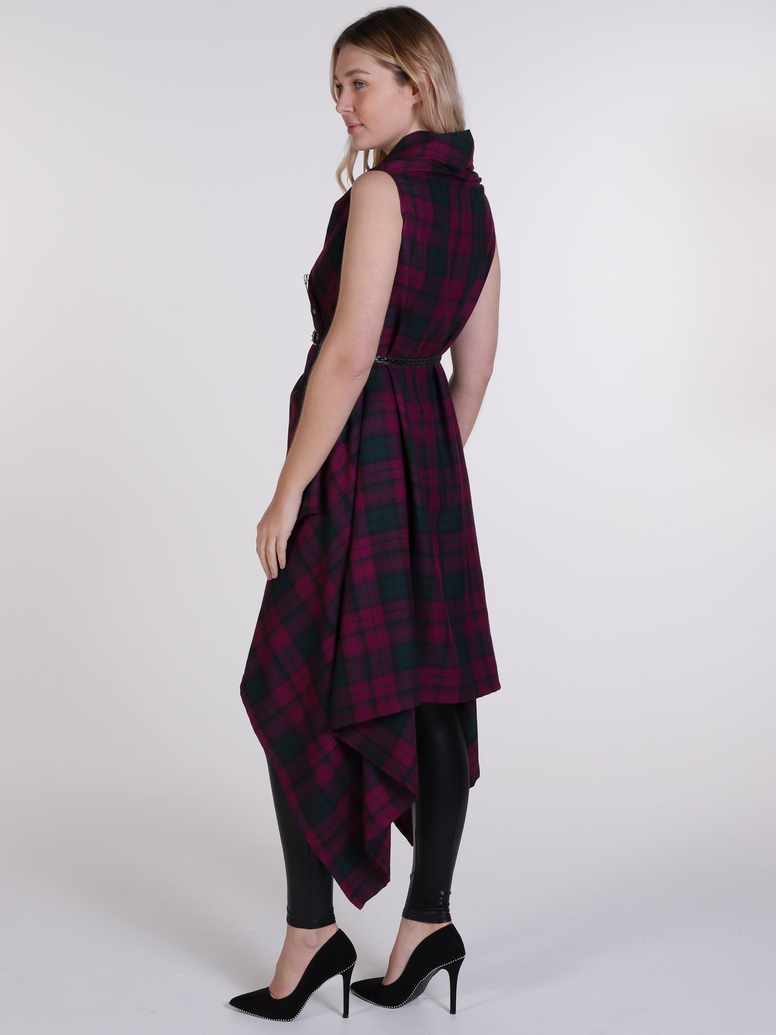 Maroon and Green Tartan Drape Waterfall Waistcoat