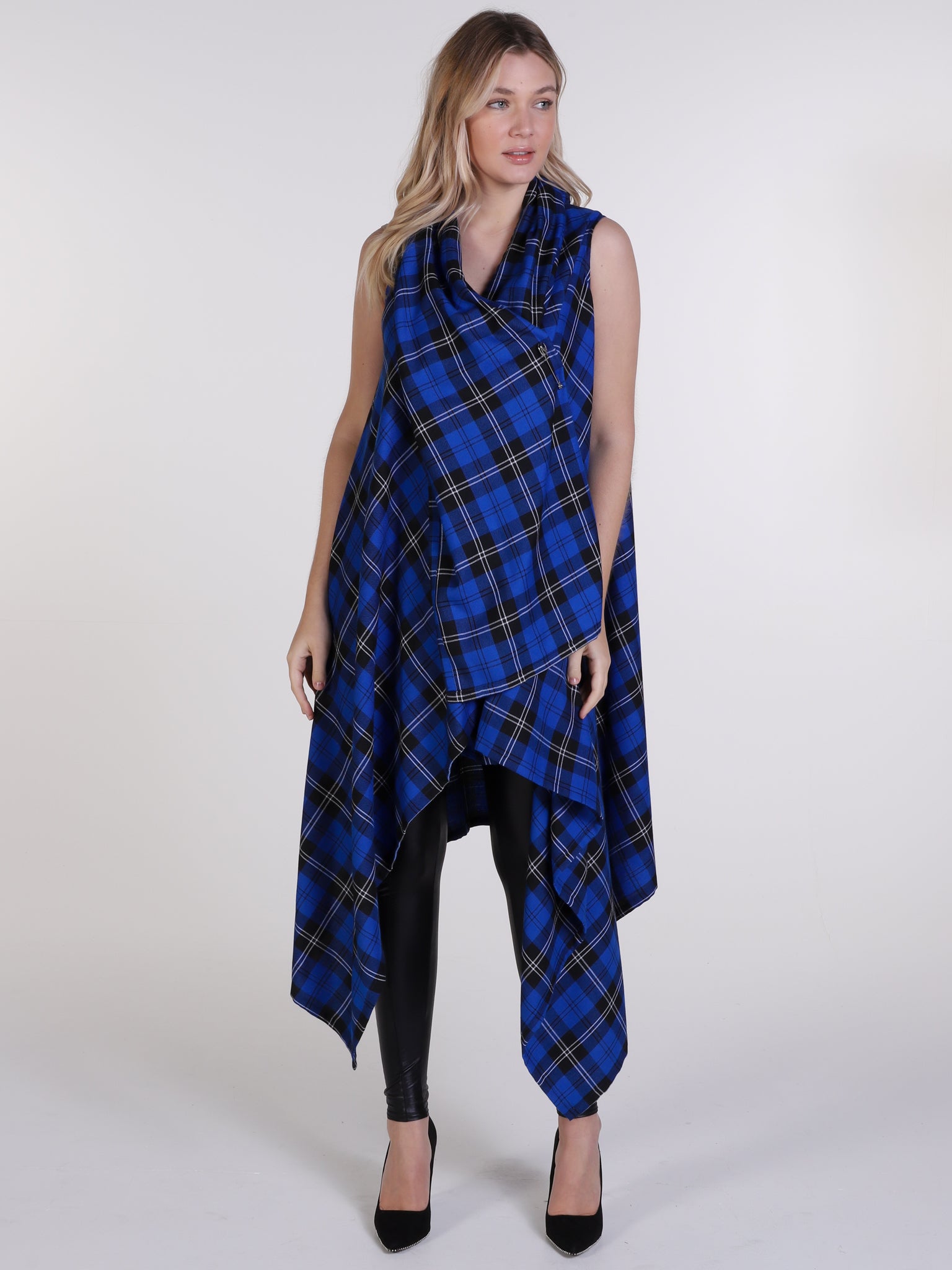 Royal Blue Tartan Drape Waterfall Waistcoat