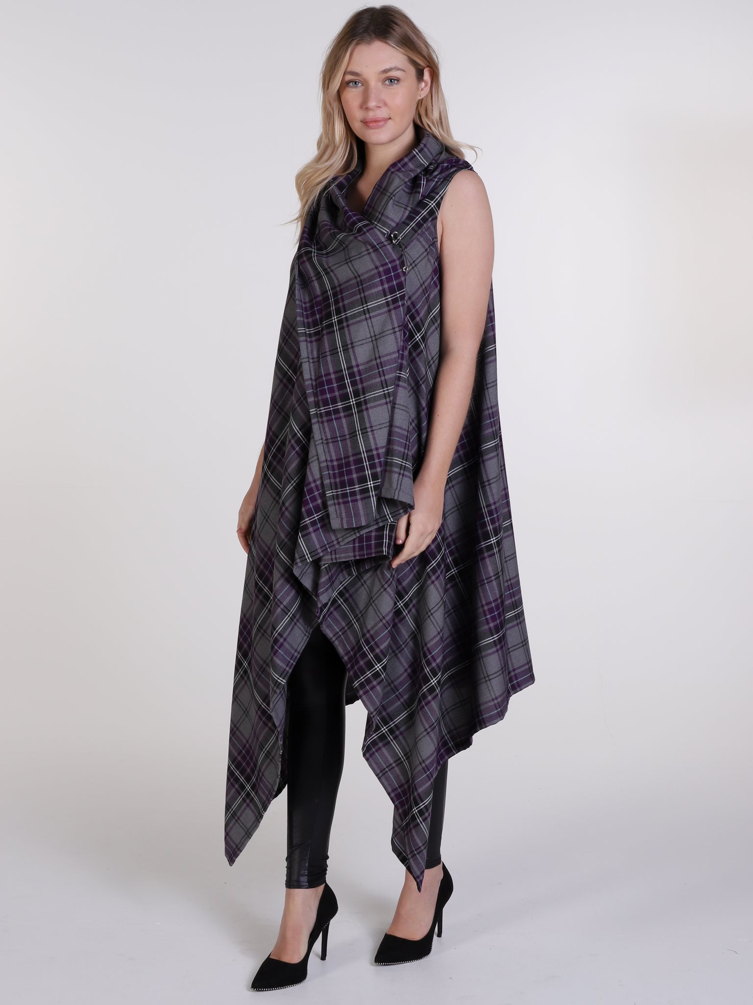 Grey and Purple Tartan Drape Waterfall Waistcoat