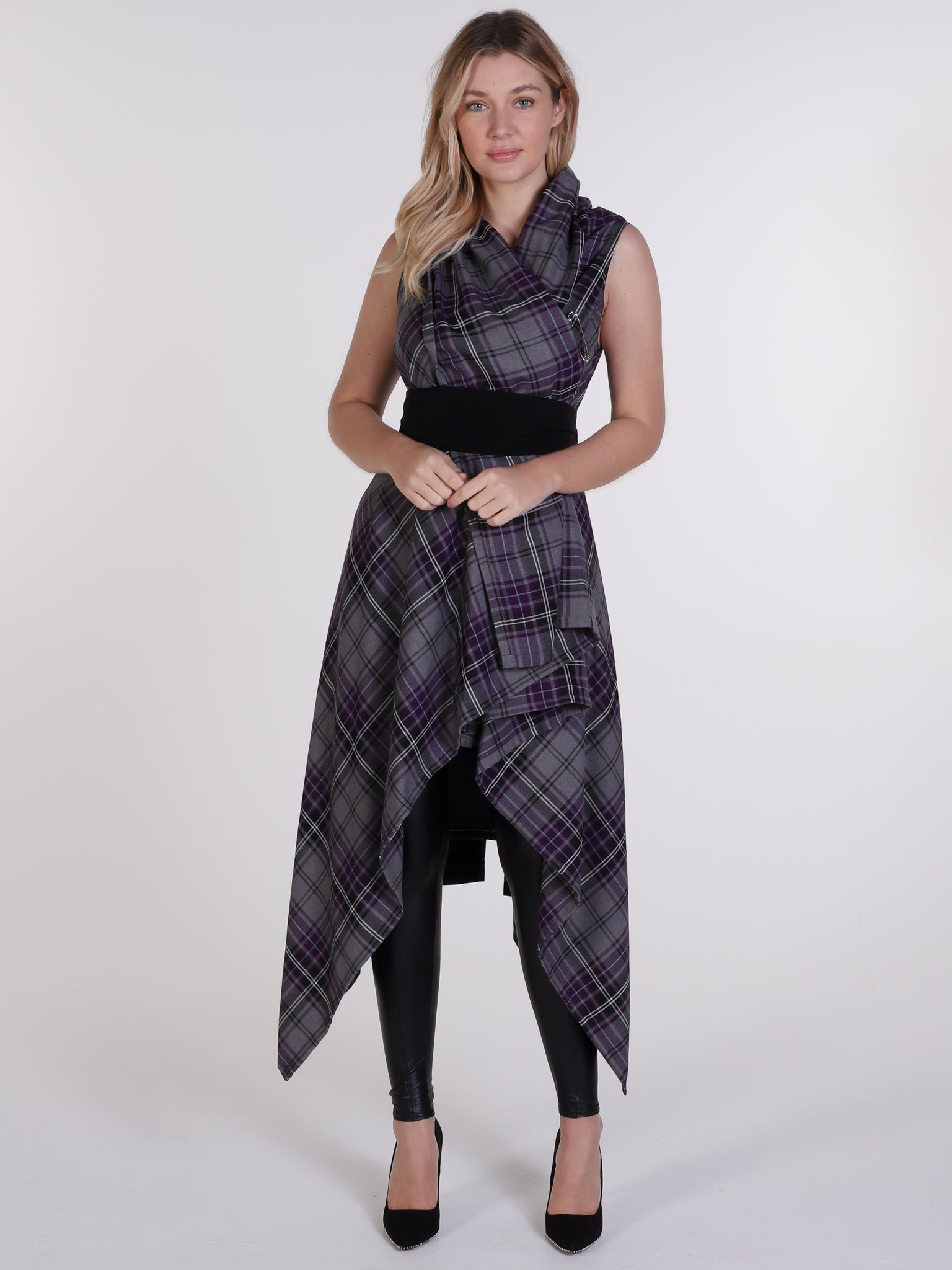 Grey and Purple Tartan Drape Waterfall Waistcoat