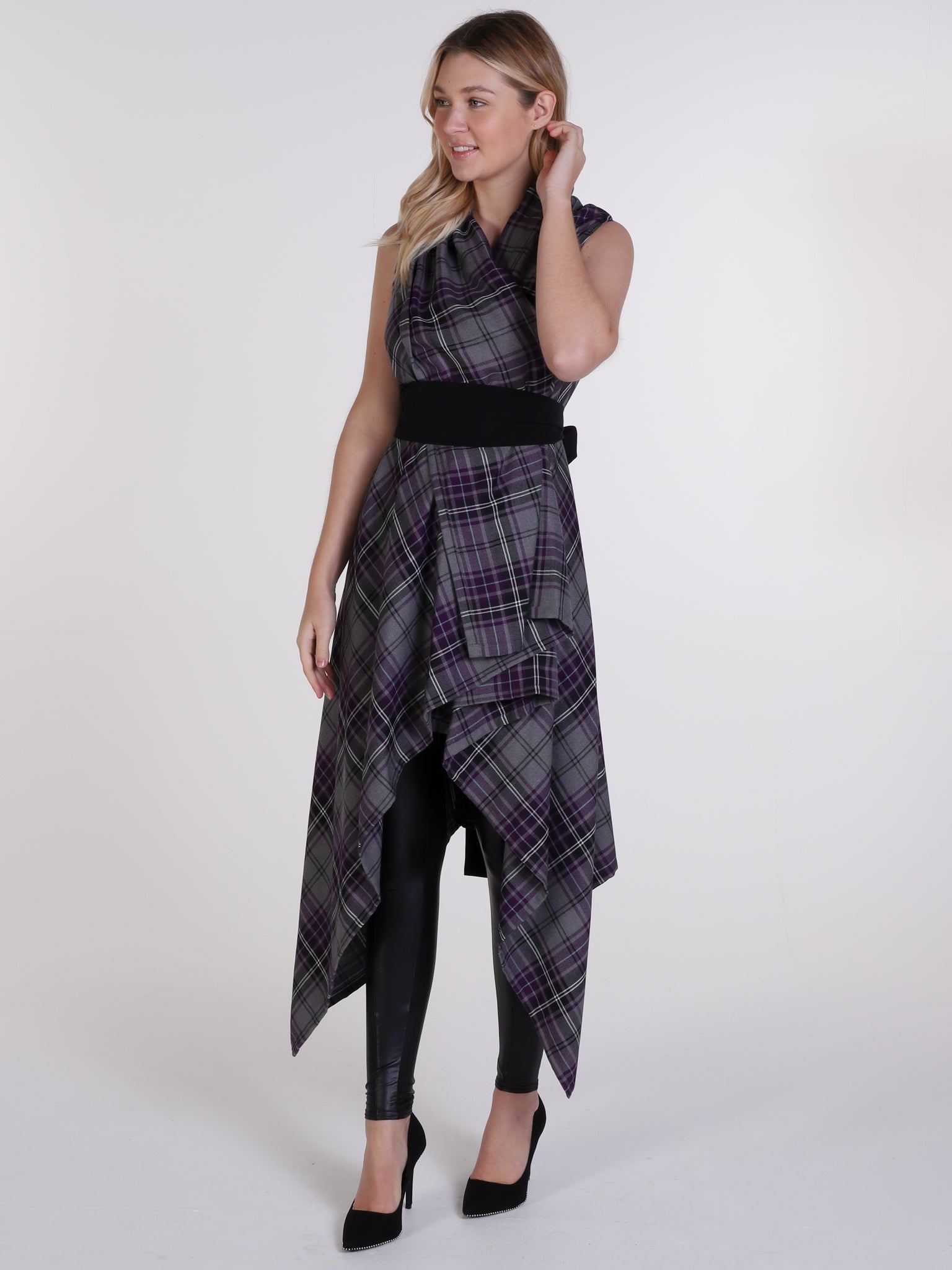 Grey and Purple Tartan Drape Waterfall Waistcoat