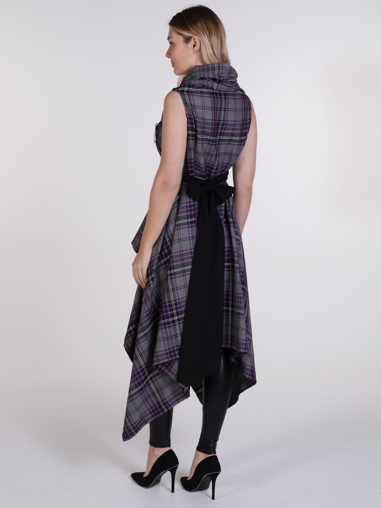 Grey and Purple Tartan Drape Waterfall Waistcoat