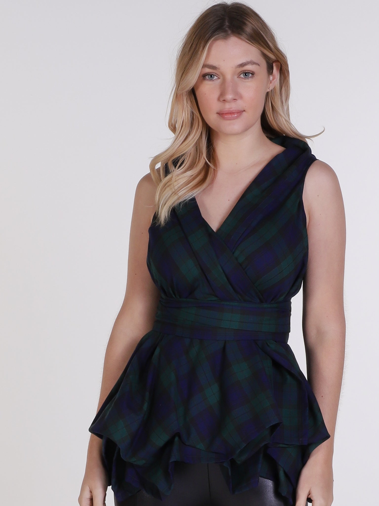 Navy and Green Tartan Trench Top