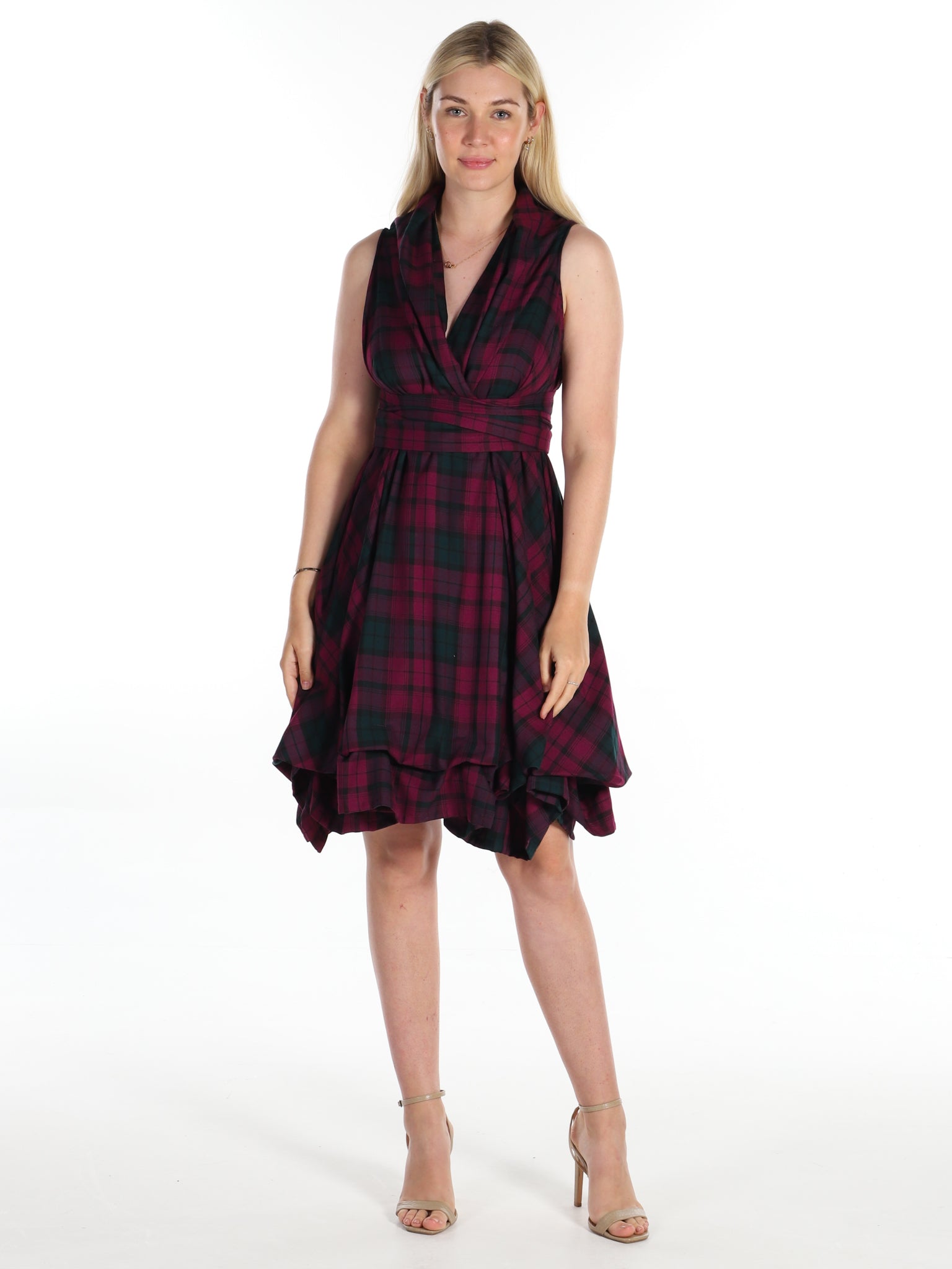 Maroon Green Tartan Trench Dress