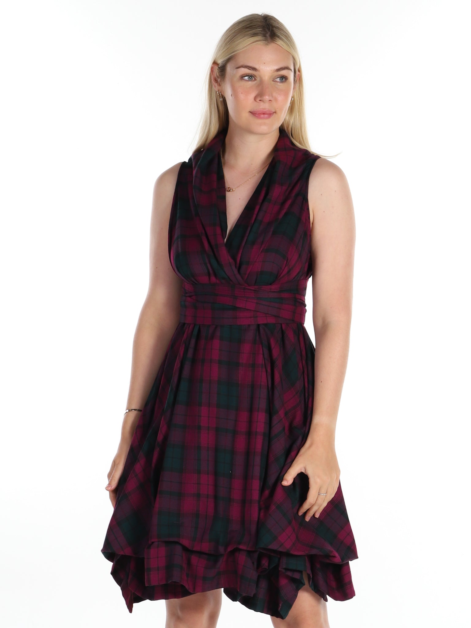 Maroon Green Tartan Trench Dress