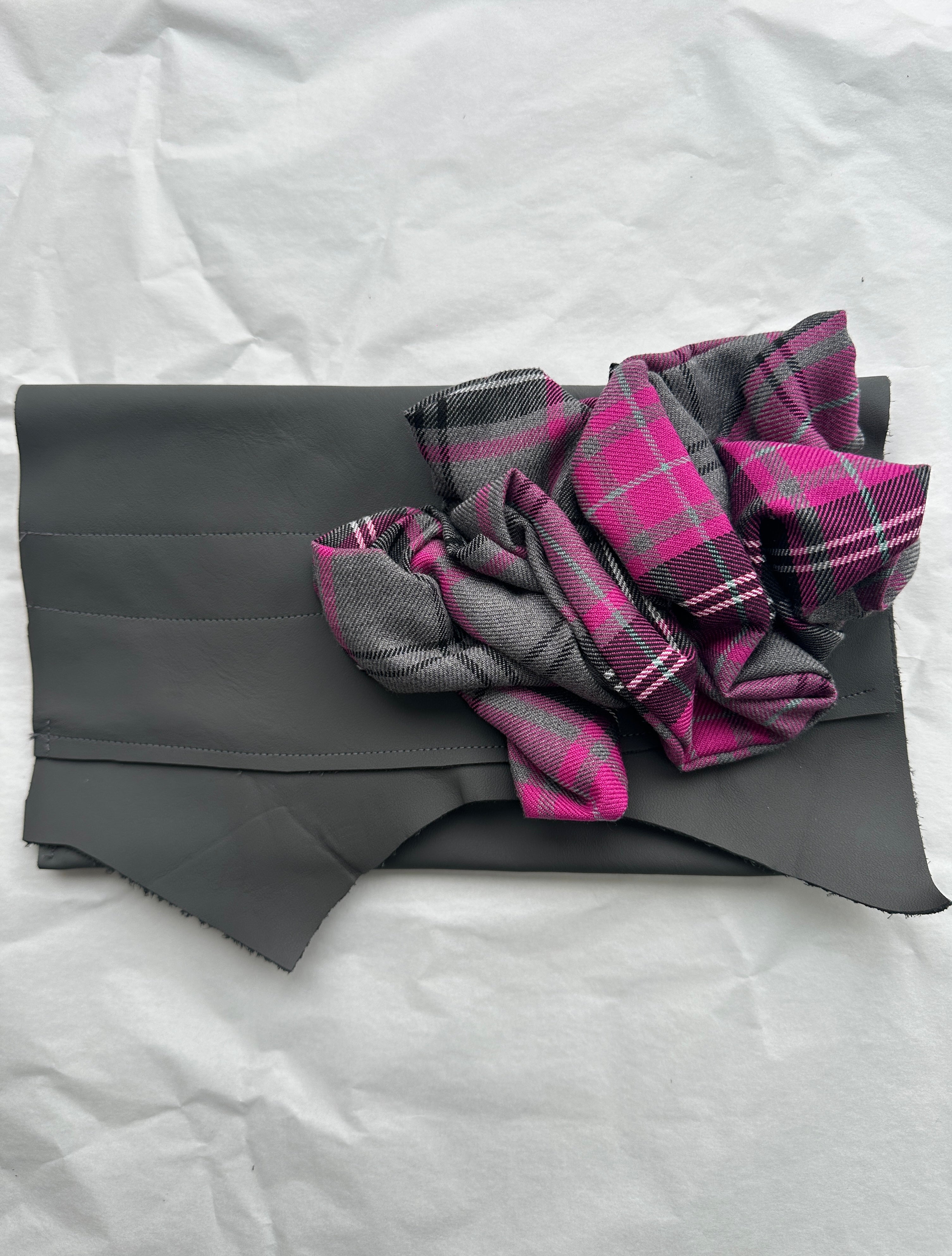 Isla Pink & Grey Tartan Ruffled, Leather Clutch Bag