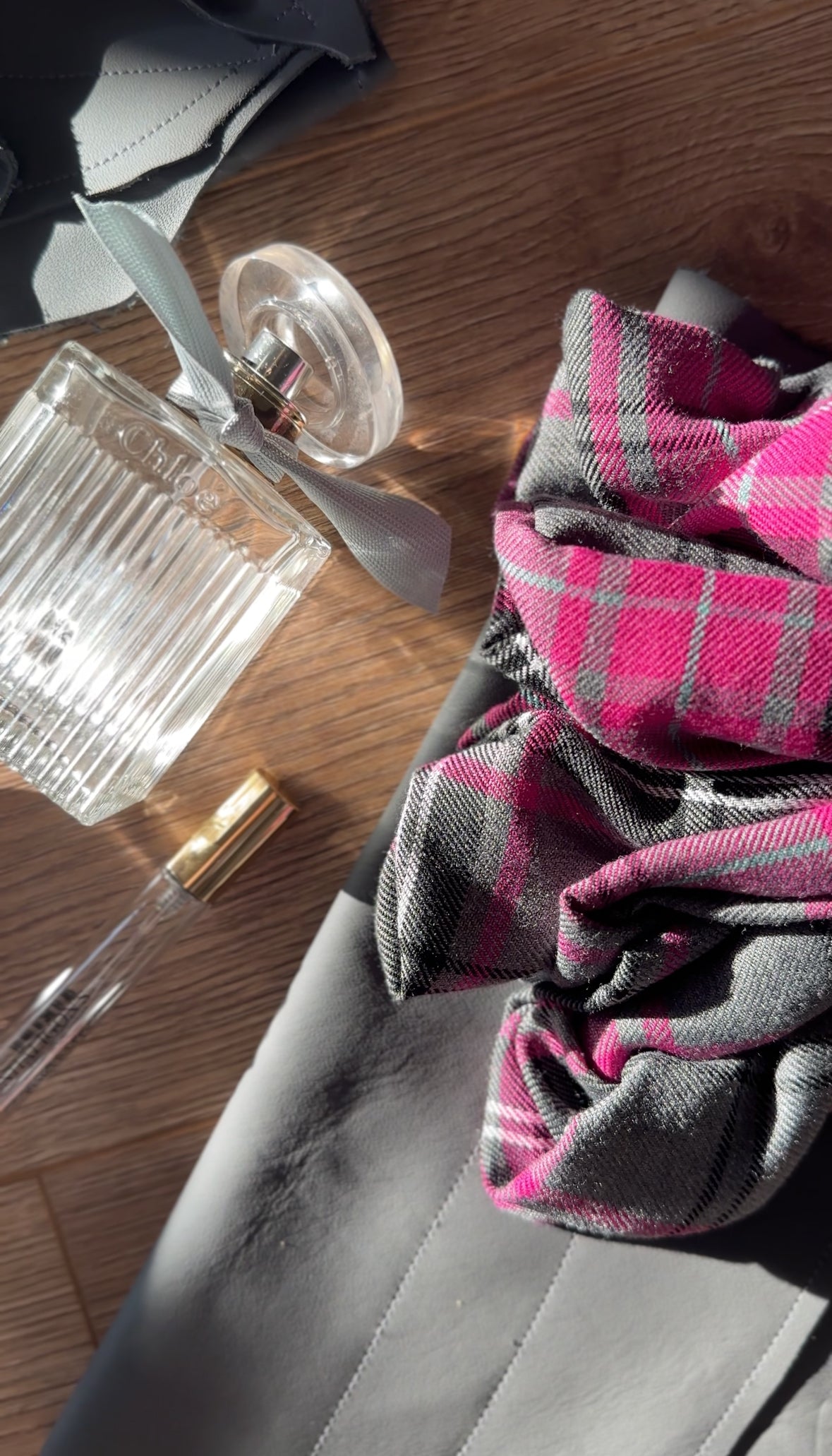 Isla Pink & Grey Tartan Ruffled, Leather Clutch Bag