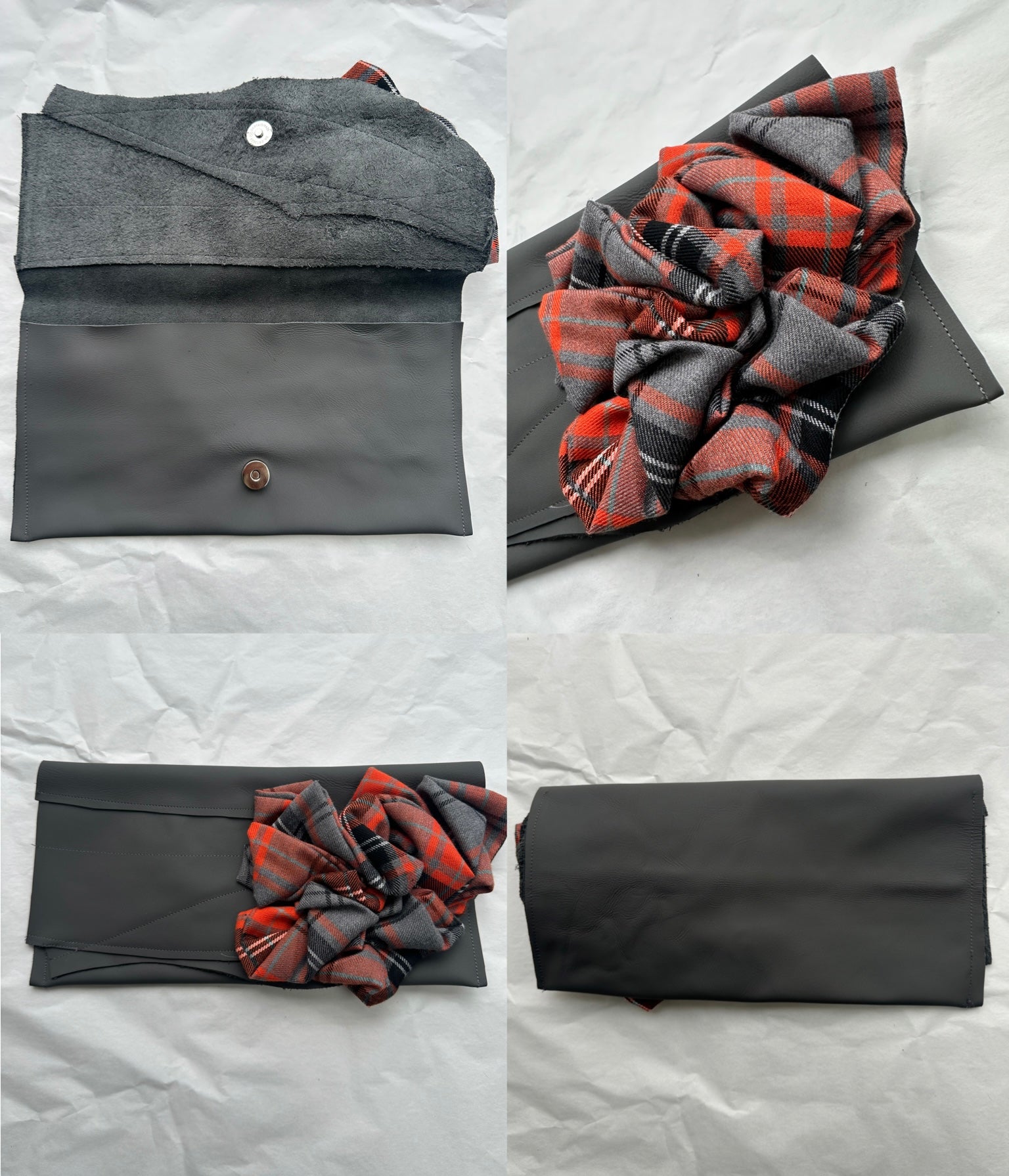 Isabelle Orange & Grey Tartan Ruffled, Leather Clutch Bag.