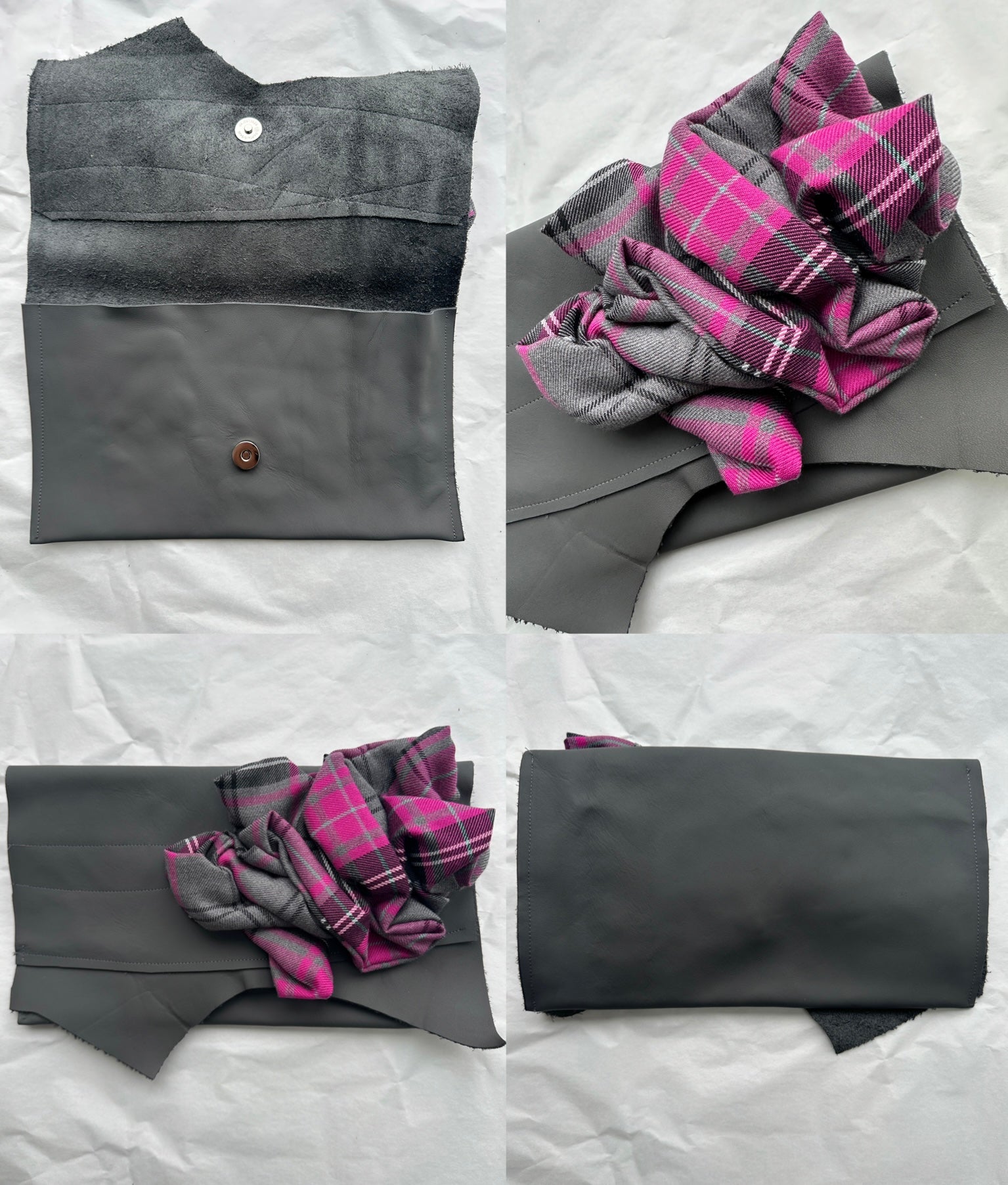 Isla Pink & Grey Tartan Ruffled, Leather Clutch Bag