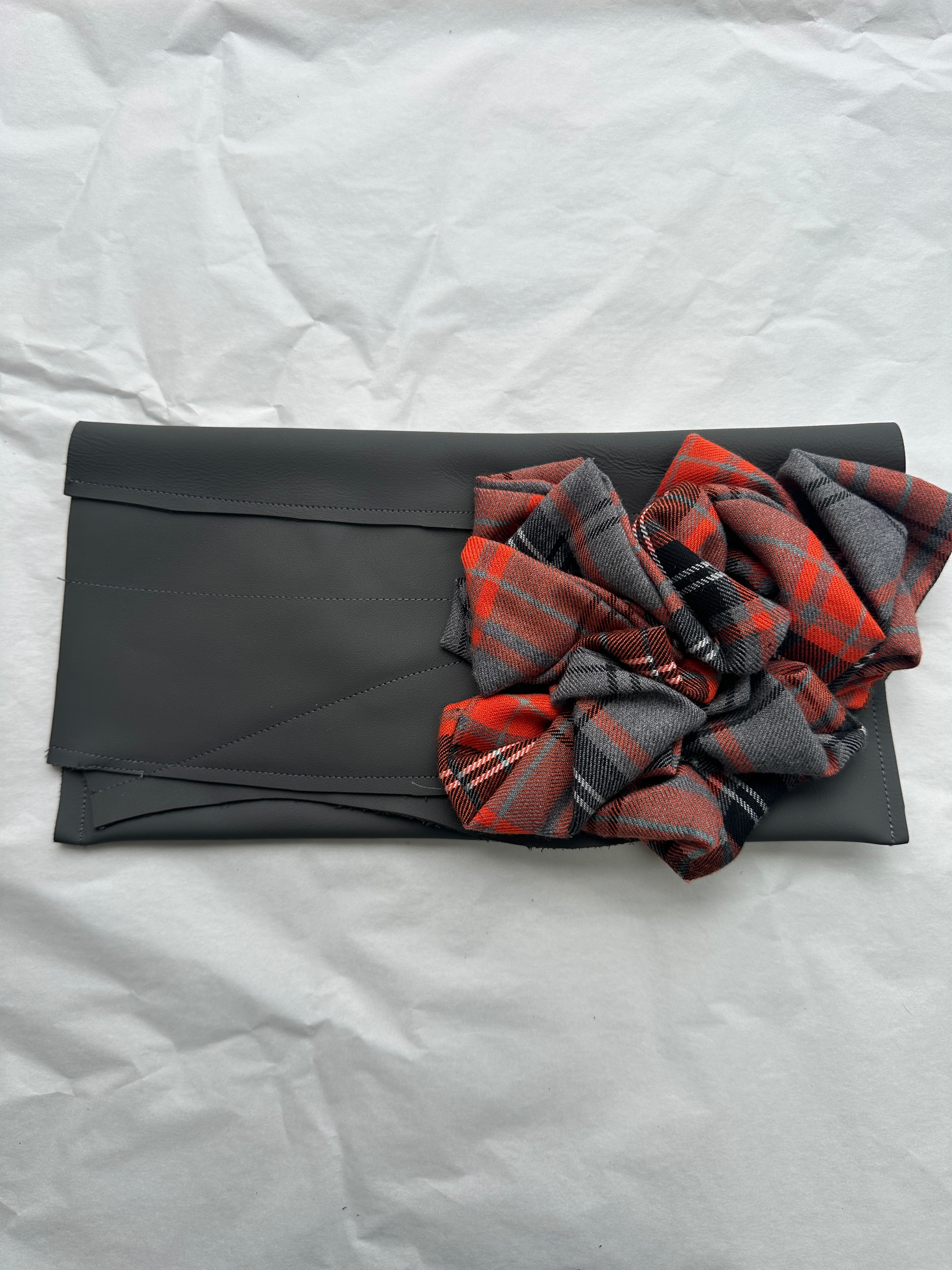 Isabelle Orange & Grey Tartan Ruffled, Leather Clutch Bag.