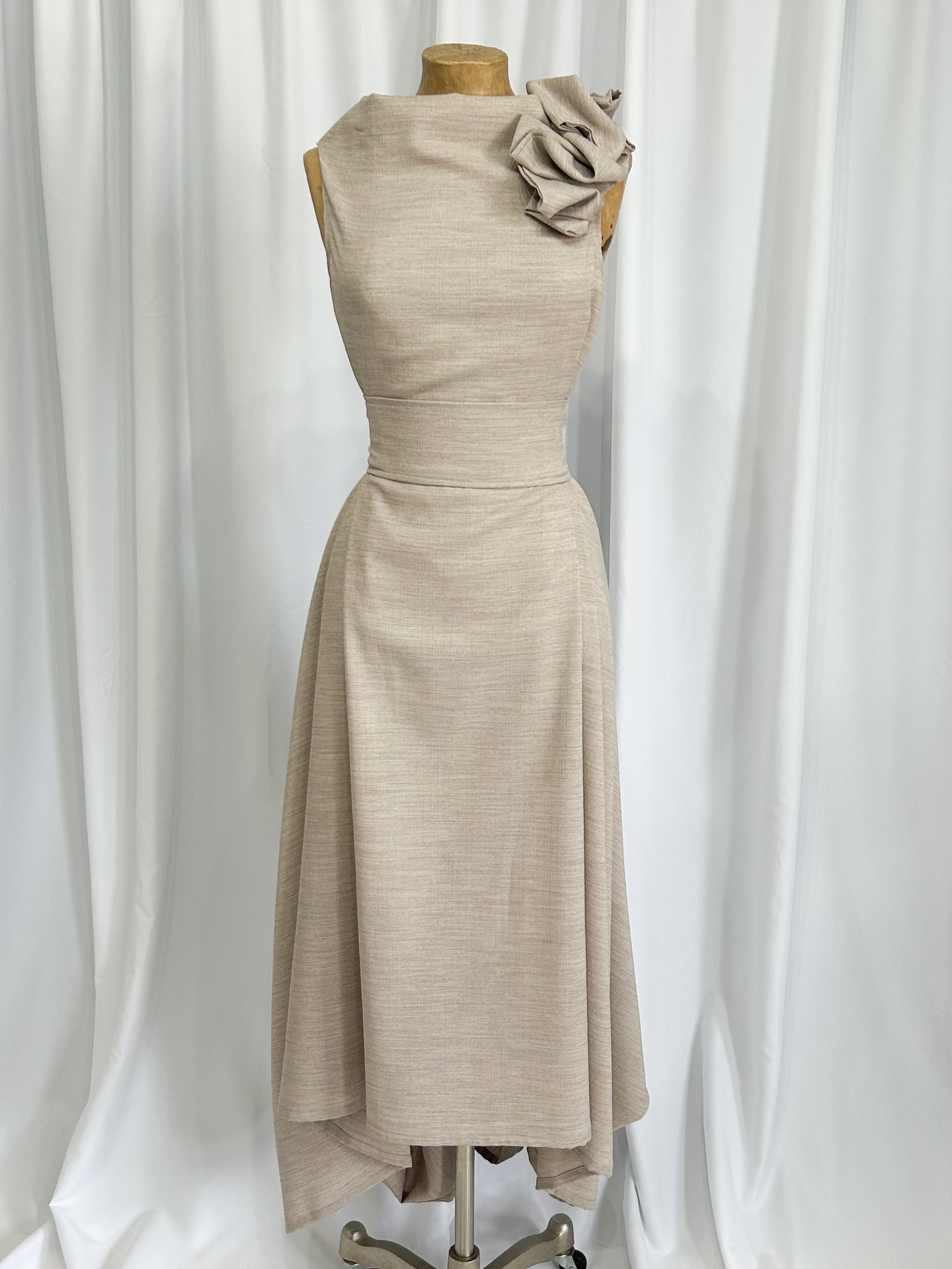 Stone Linen Look Darcy Dress with Ruffle (worn back to front)