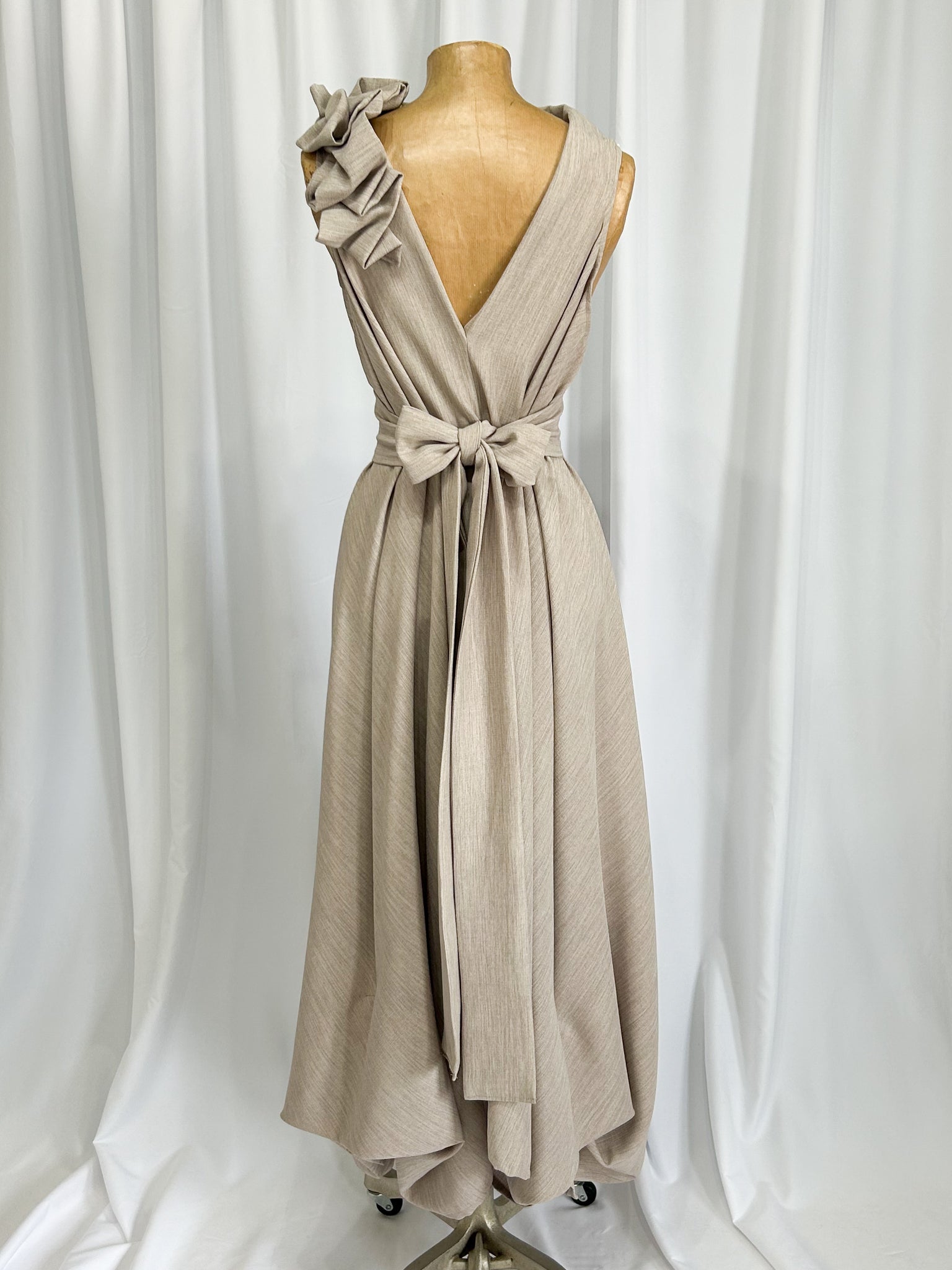 Stone Linen Look Darcy Dress with Ruffle (worn back to front)