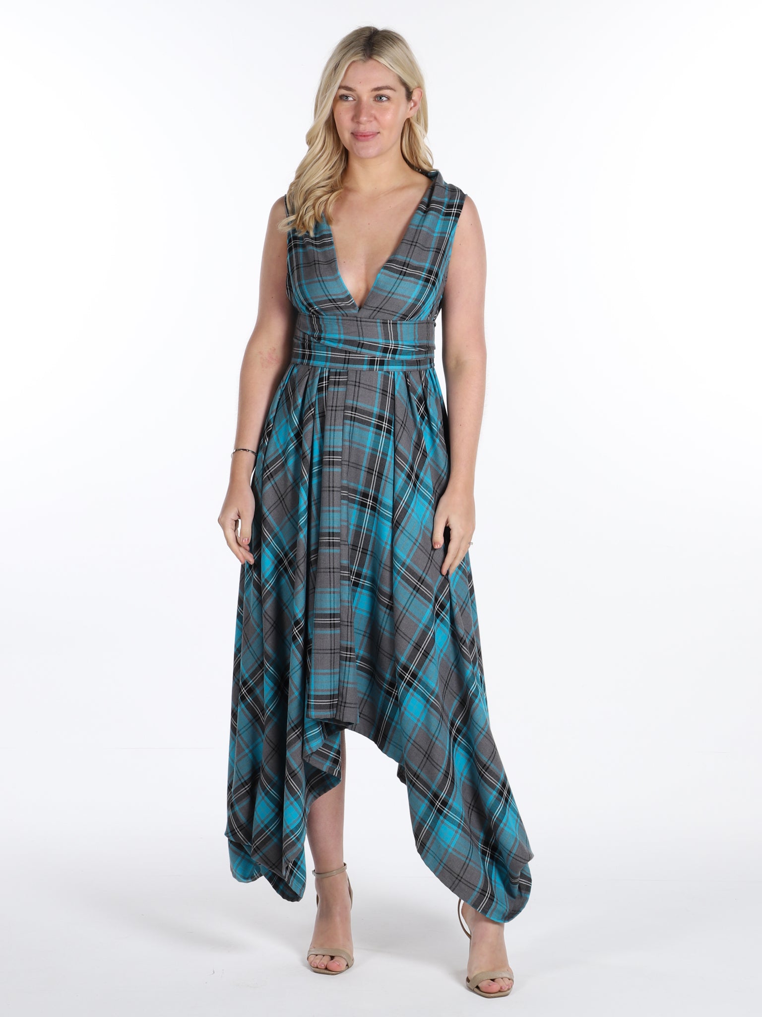 Turquoise and Grey Tartan Darcy Dress