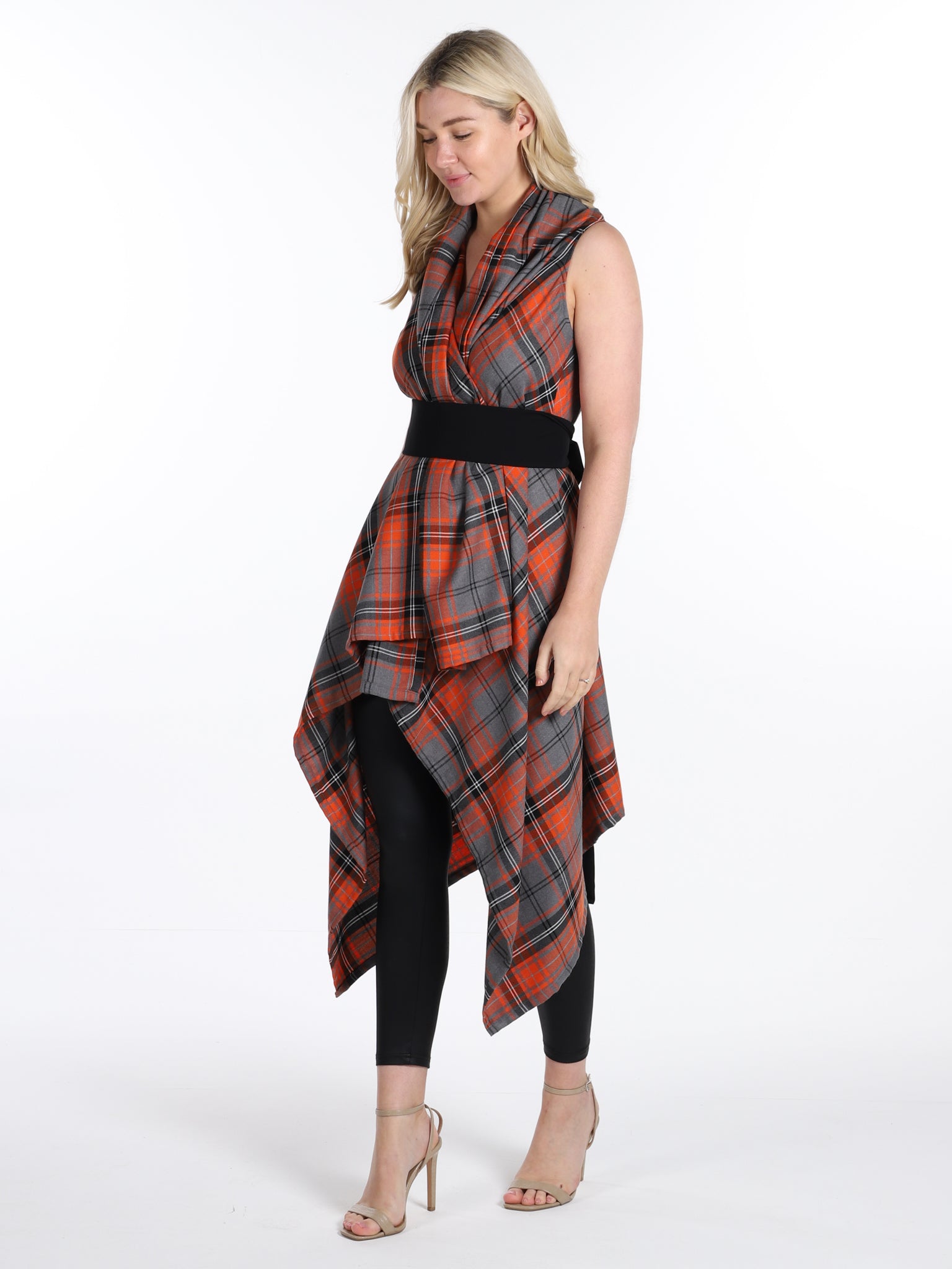 Orange and Grey Tartan Drape Waterfall Waistcoat