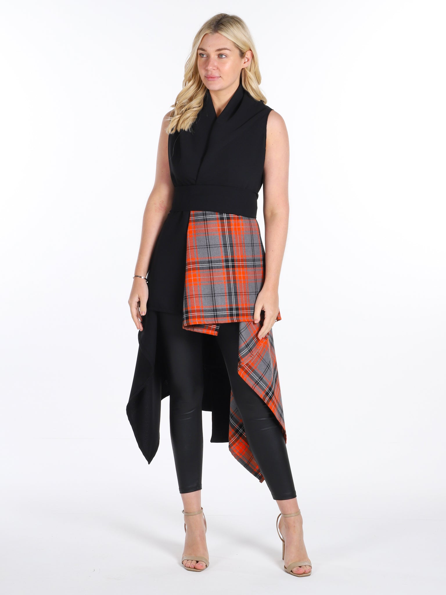 Black and Orange Tartan Mix Drape Waistcoat