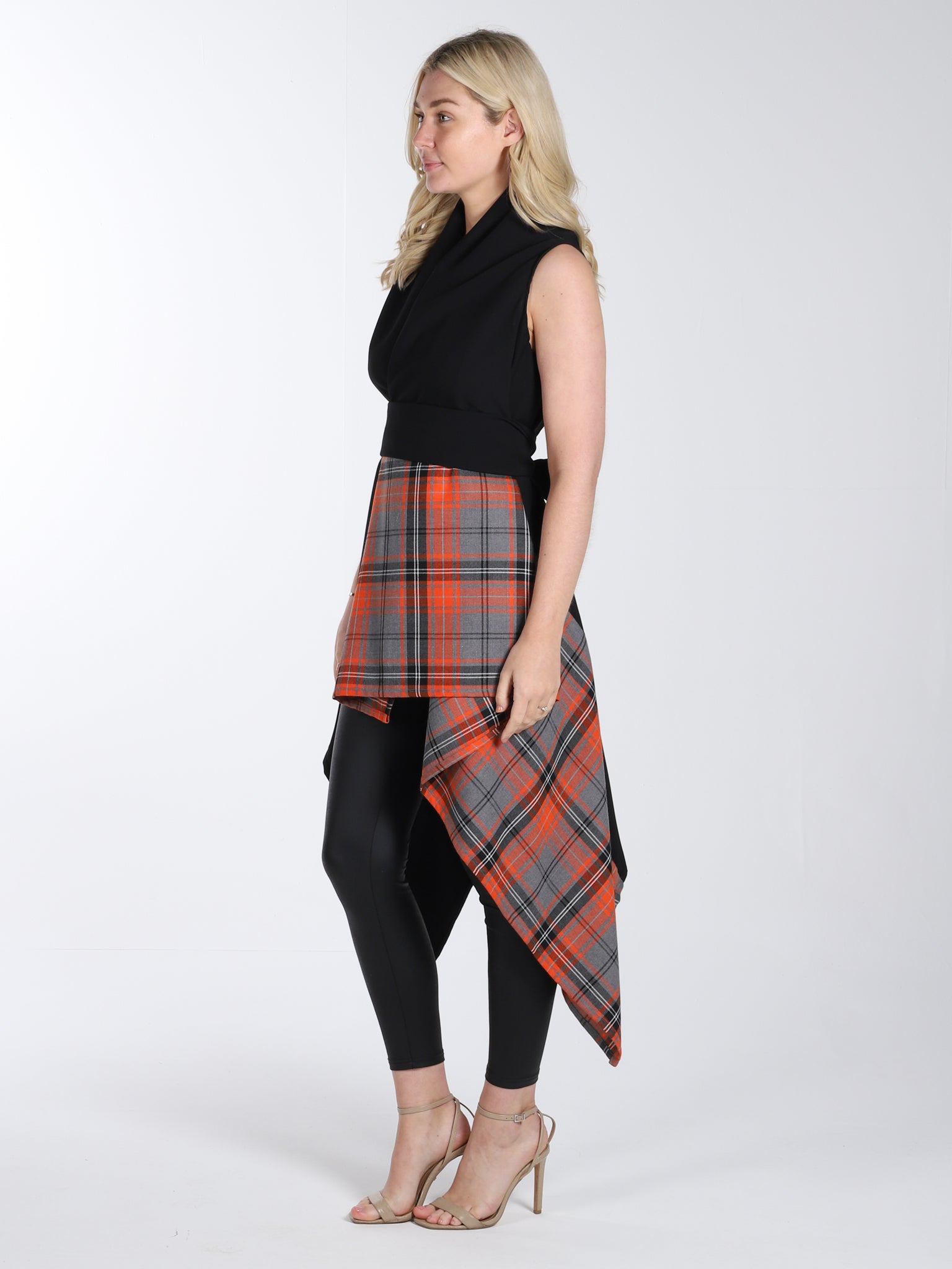 Black and Orange Tartan Mix Drape Waistcoat