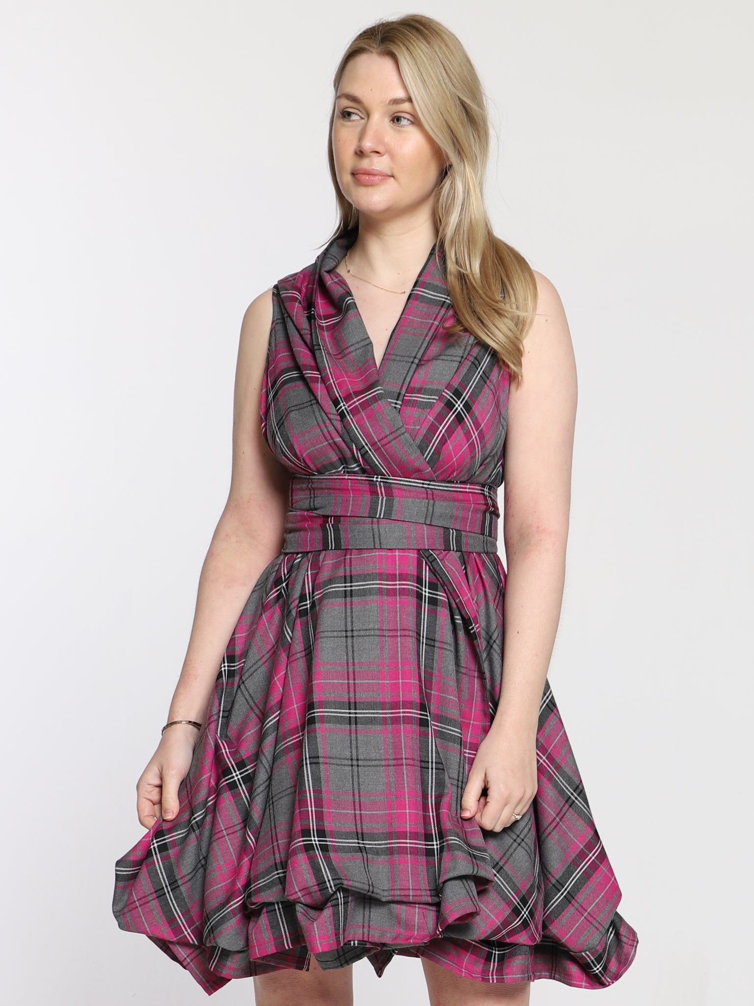 Grey and Pink Tartan Trench Dress