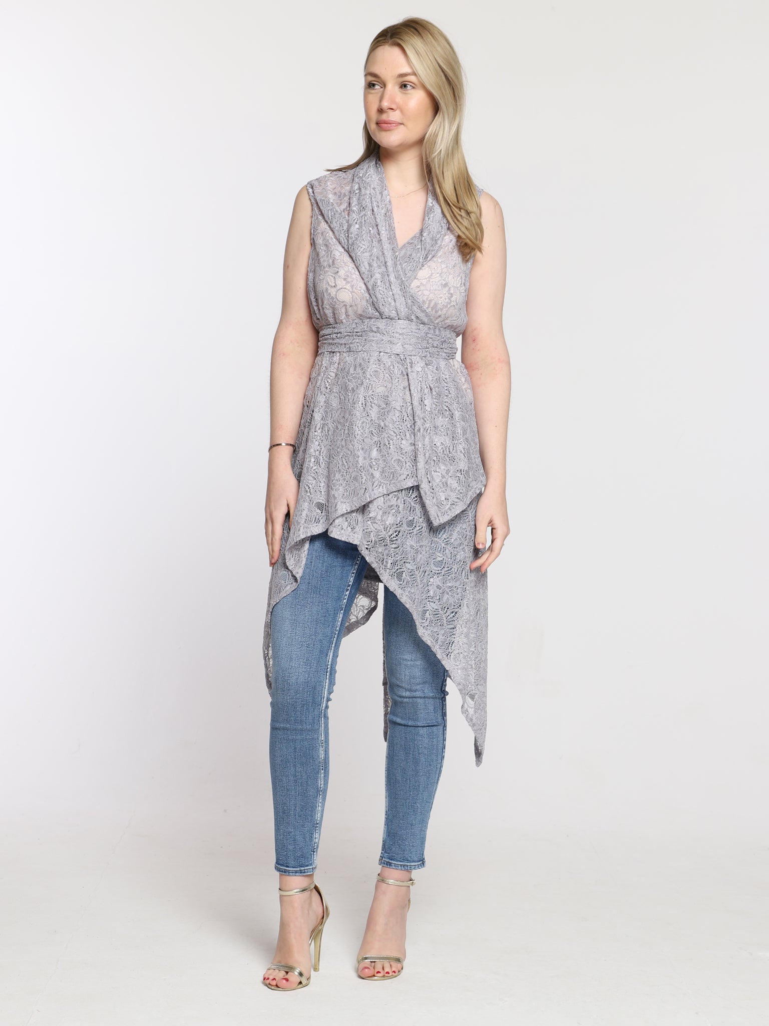 Grey Lace Drape Waterfall Waistcoat