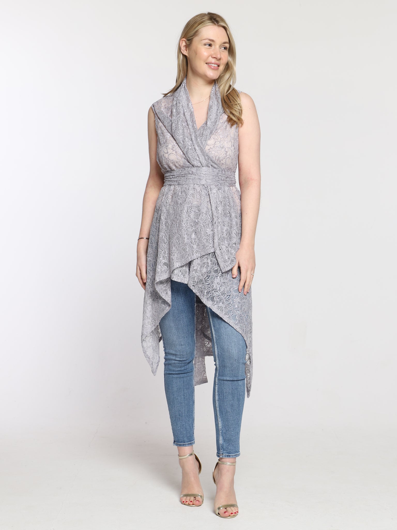 Grey Lace Drape Waterfall Waistcoat