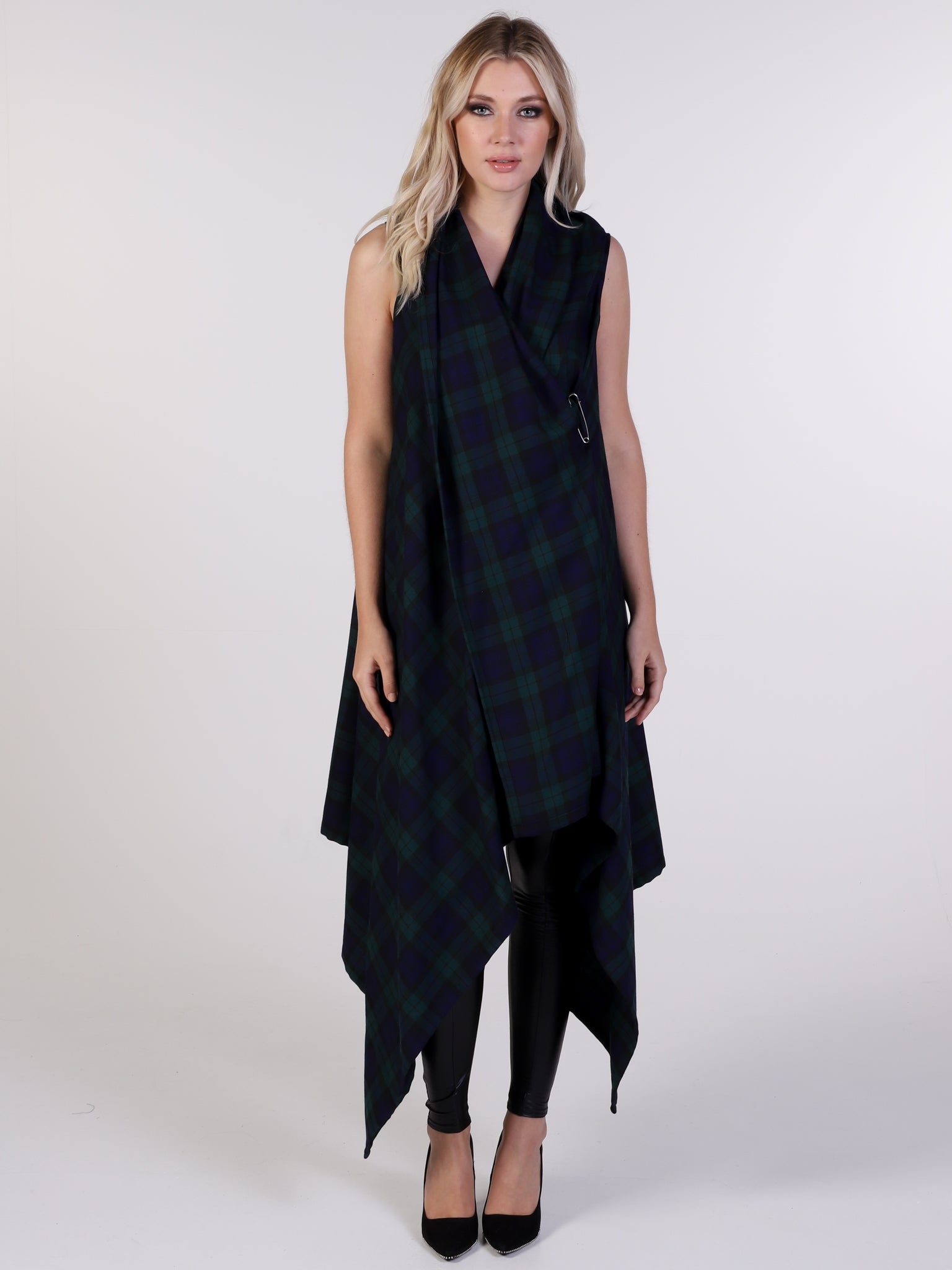 Navy and Green Tartan Drape Waterfall Waistcoat