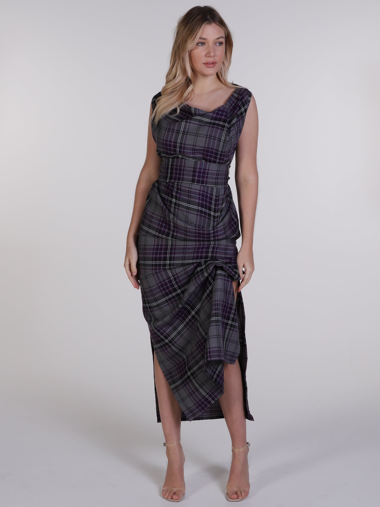 Grey and Purple Tartan Willow Maxi Dress