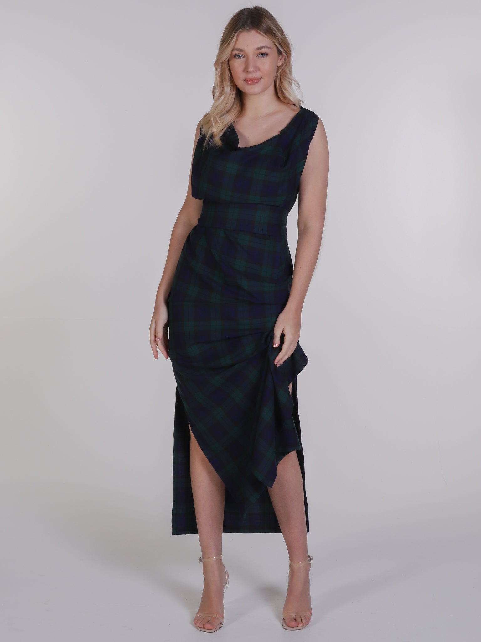 Navy and Green Tartan Willow Maxi Dress