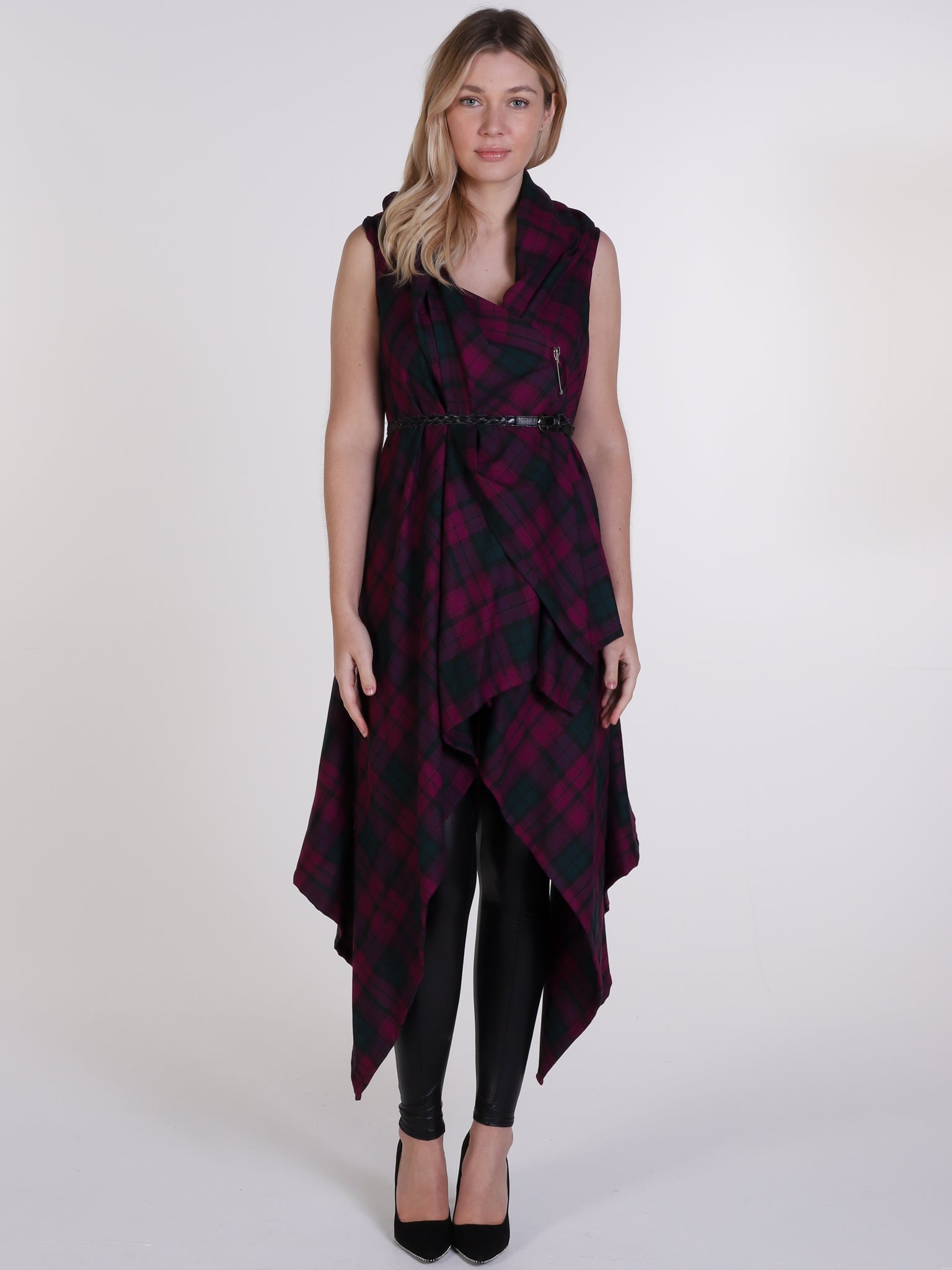 Maroon and Green Tartan Drape Waterfall Waistcoat