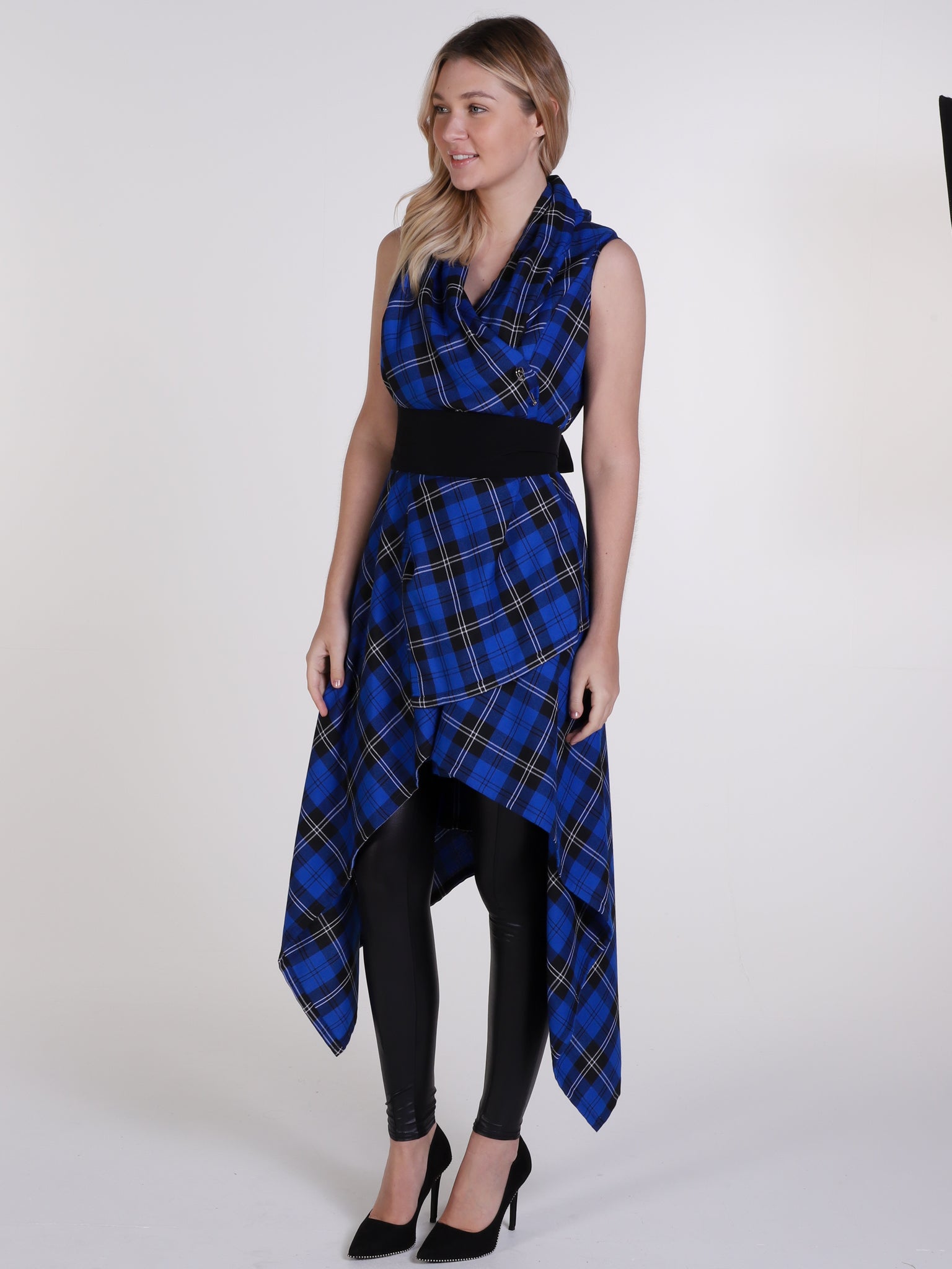 Royal Blue Tartan Drape Waterfall Waistcoat